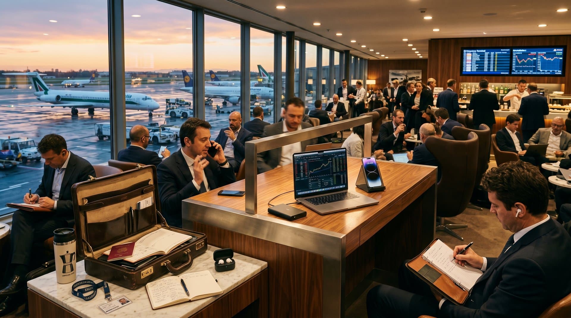 Caricatore GaN Anker in lounge Malpensa: desk noce, laptop in carica, valigetta, monitor ticker tra luci premium