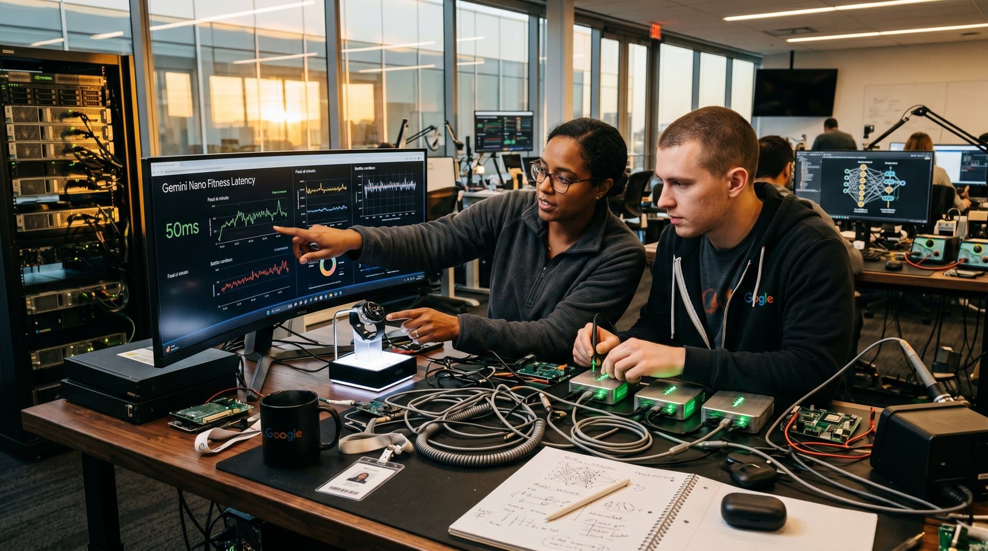 Prototipi AI Google per wearables e adattatori su banco laboratorio high-tech con monitor neurali