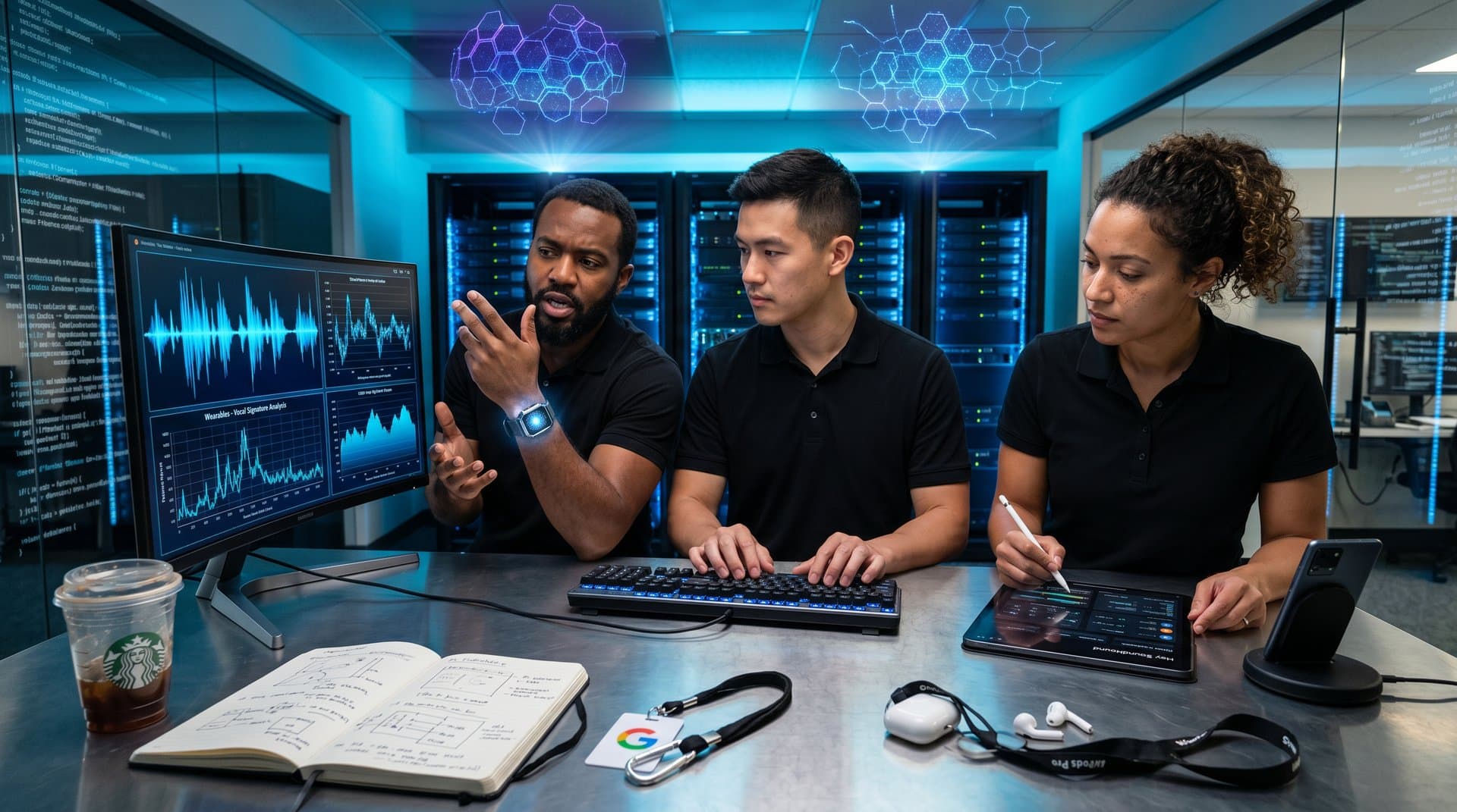 Laboratorio AI con waveform vocali, prototipi gadget portatili e visualizzazioni Gemini per voice recognition