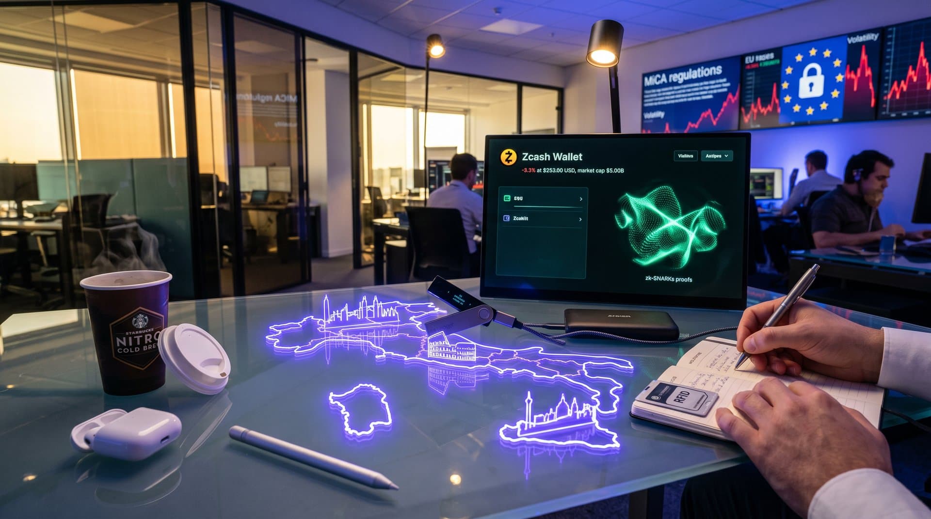 Hardware wallet Zcash con grafici calo prezzo e simboli privacy su mappa Italia high-tech