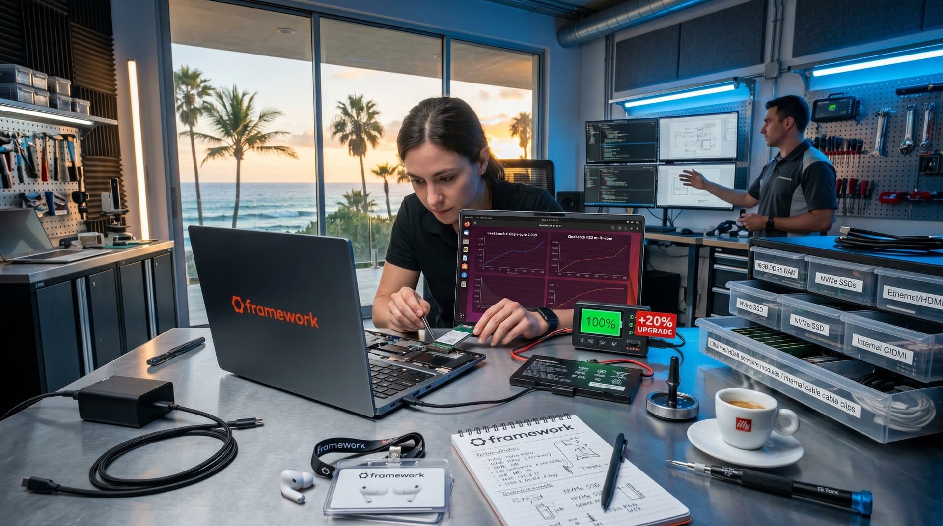 Framework Laptop 13 Pro modulare su banco lavoro, batteria 74 Whr, display 700 nits, moduli espansione e tool high-tech