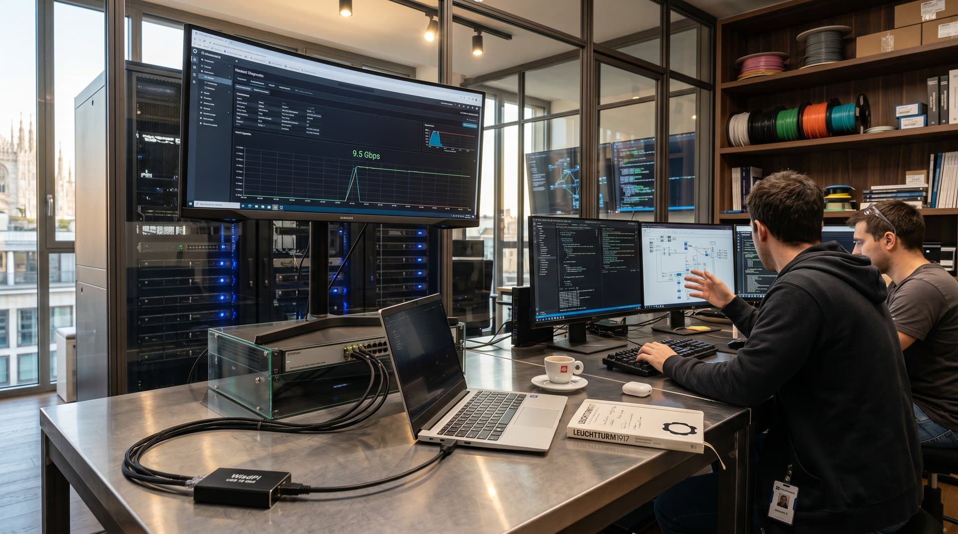 Adattatore USB 10 GbE WisdPi su Framework 13 in data center con grafici 10 Gbps