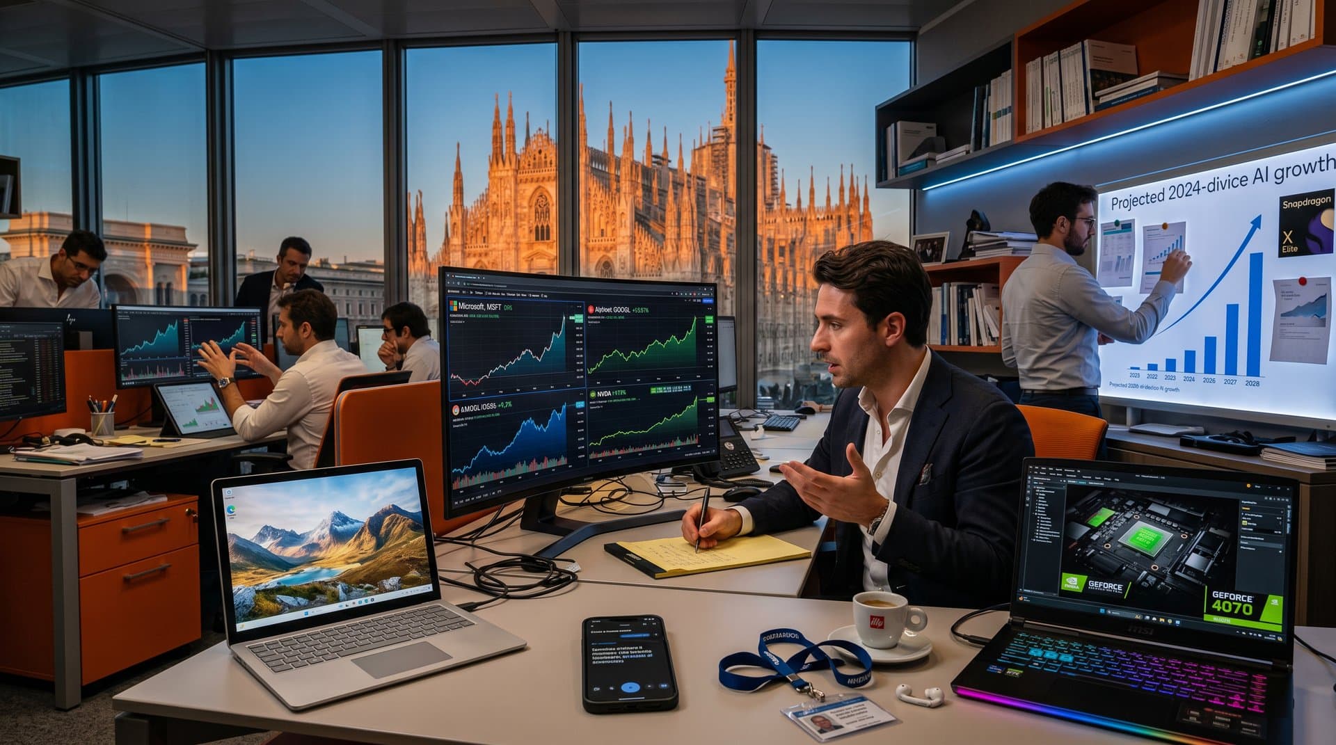 Grafici azioni AI su monitor con gadget portatili Microsoft, Google, Nvidia e portfolio Pershing Square