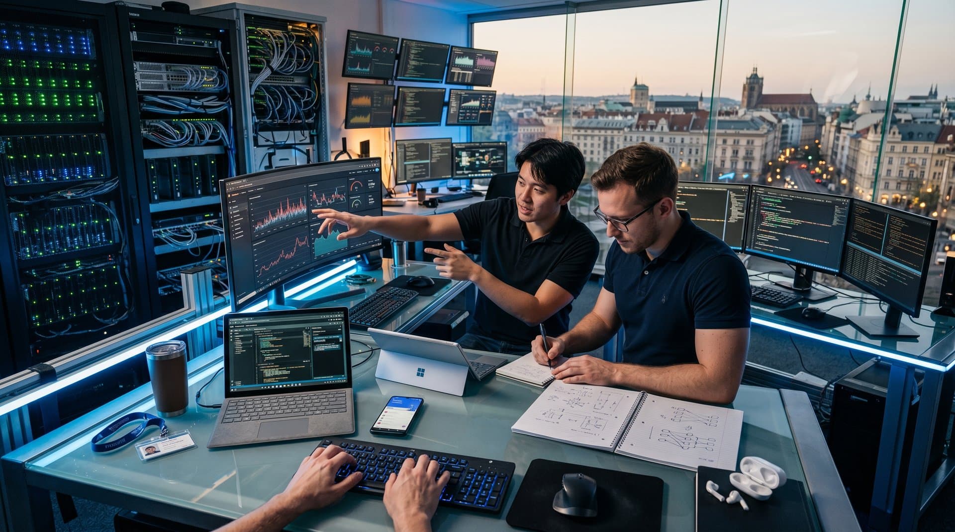 Laptop Surface con AI Copilot, Pixel Gemini e server Nvidia in lab high-tech