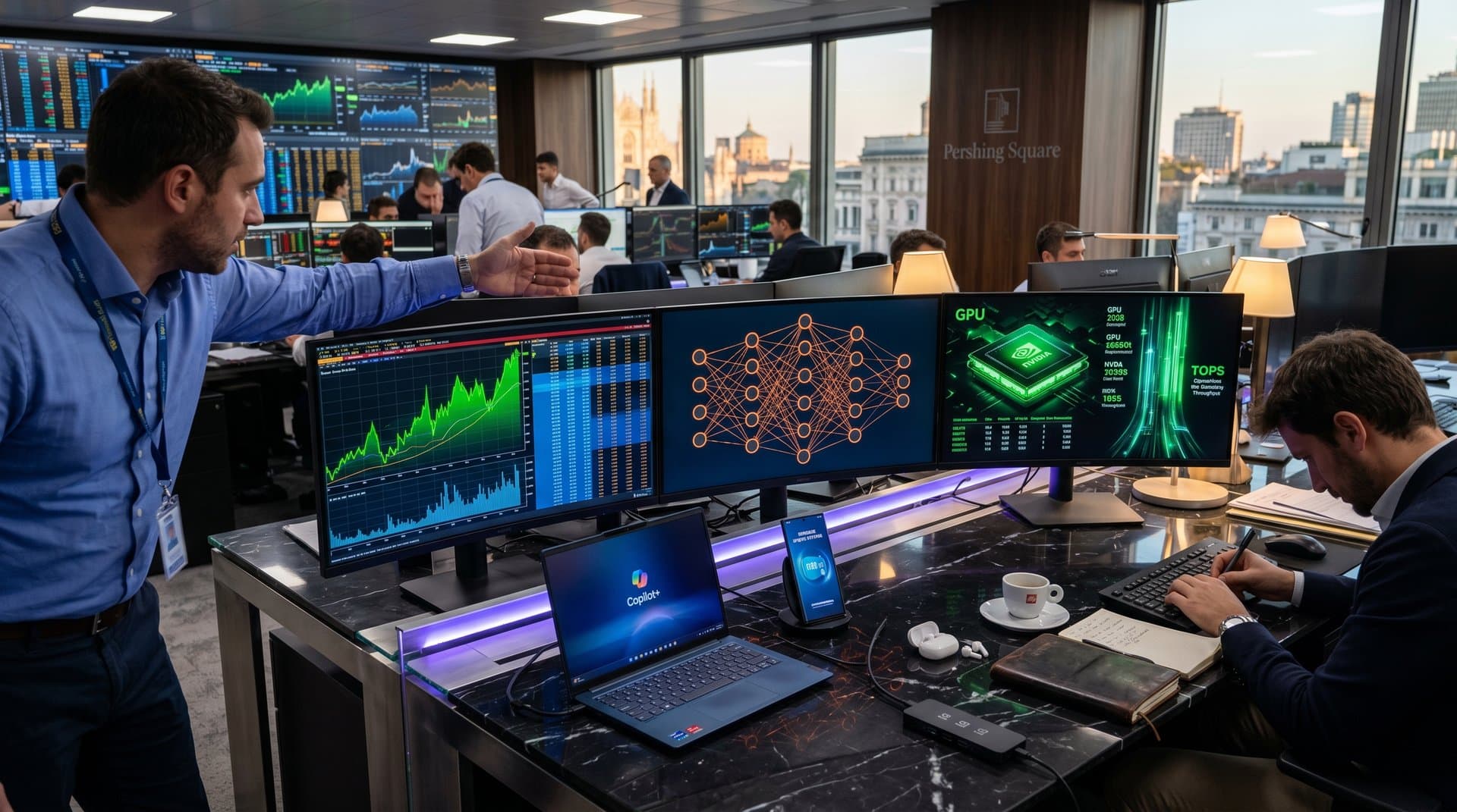 Grafici azionari AI su schermi con gadget portatili e rete neurale digitale