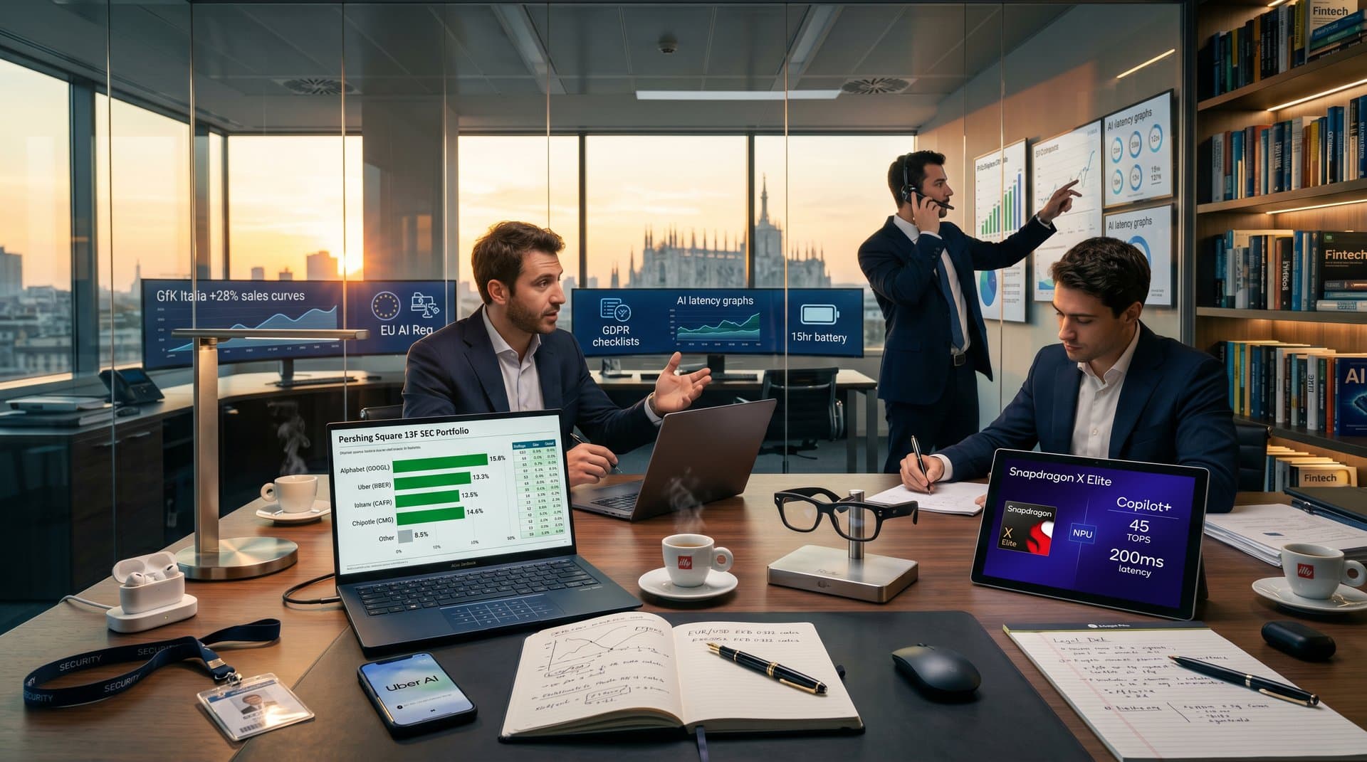 Ufficio milanese con laptop AI, grafici azioni Ackman, smart glasses e metriche NPU su monitor