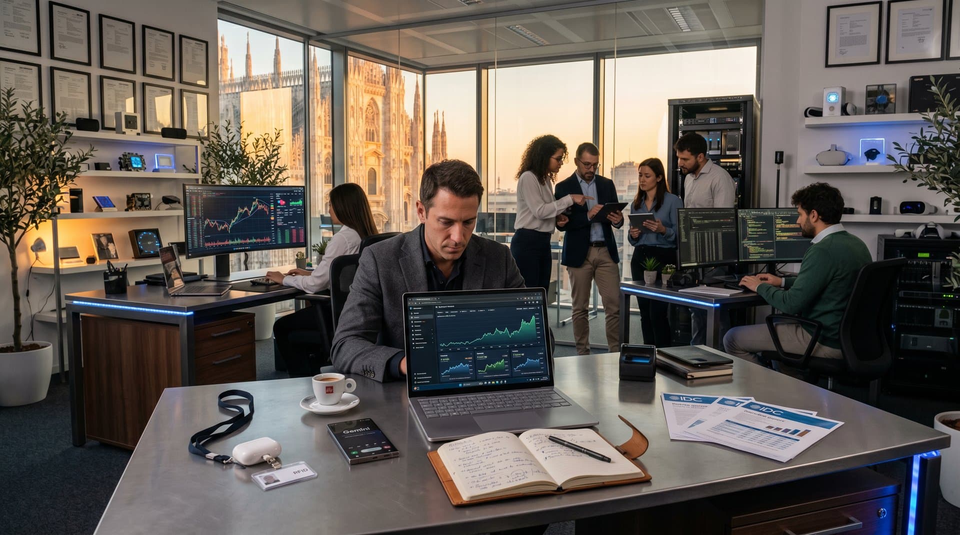 Ufficio tech italiano con laptop Copilot+, smartphone AI e grafici azionari MSFT, GOOG, NVDA su monitor