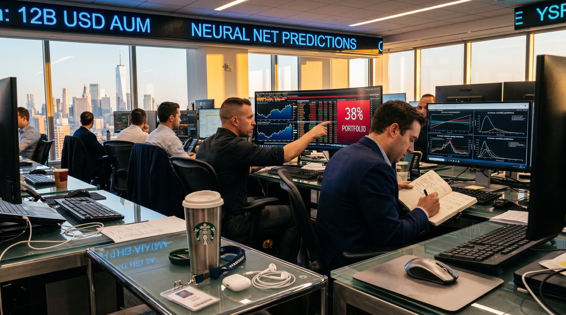 Sala trading con grafici azioni AI Bill Ackman 38% portfolio Pershing Square