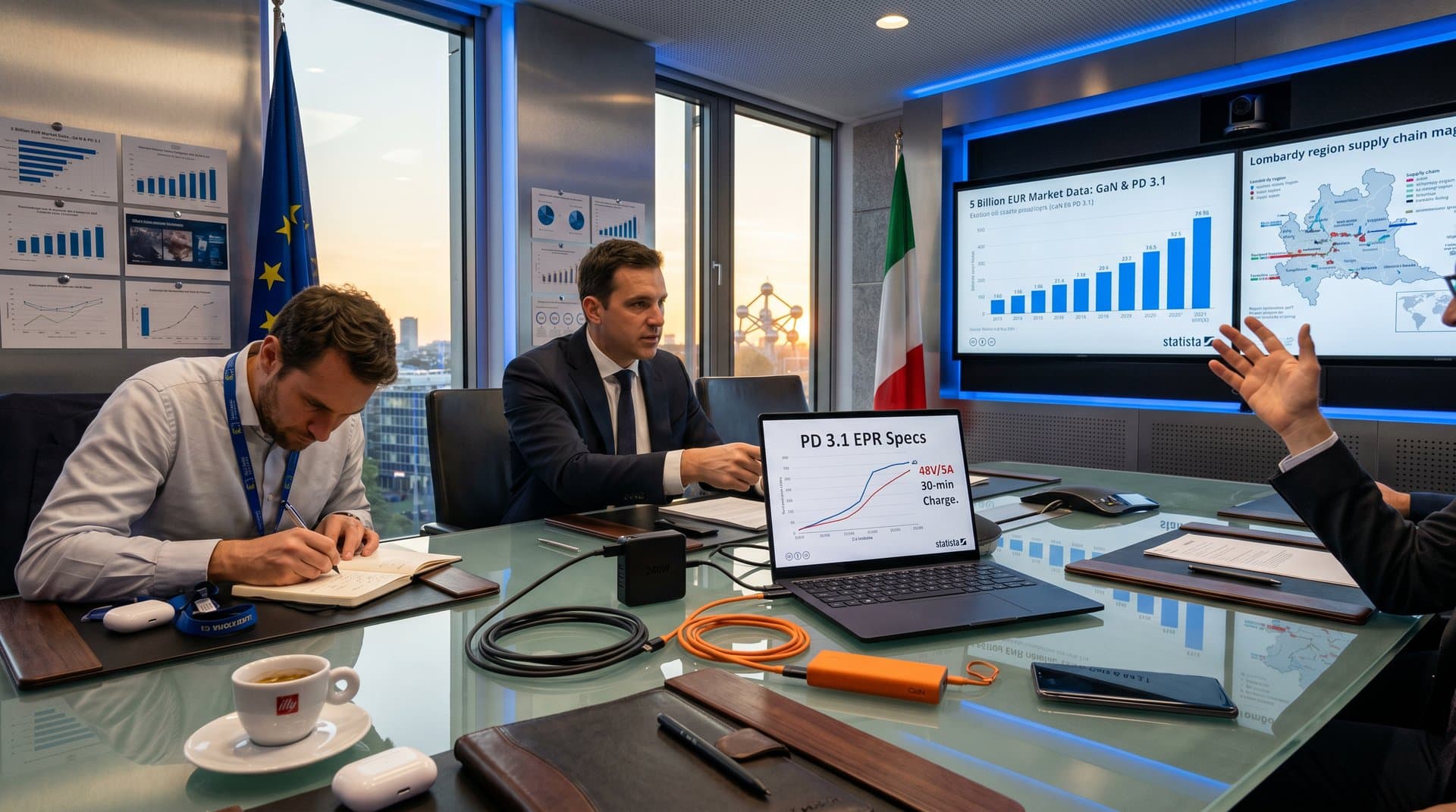 Prototipo adattatore USB-C 240W su tavolo conferenza UE con laptop e grafici PD 3.1