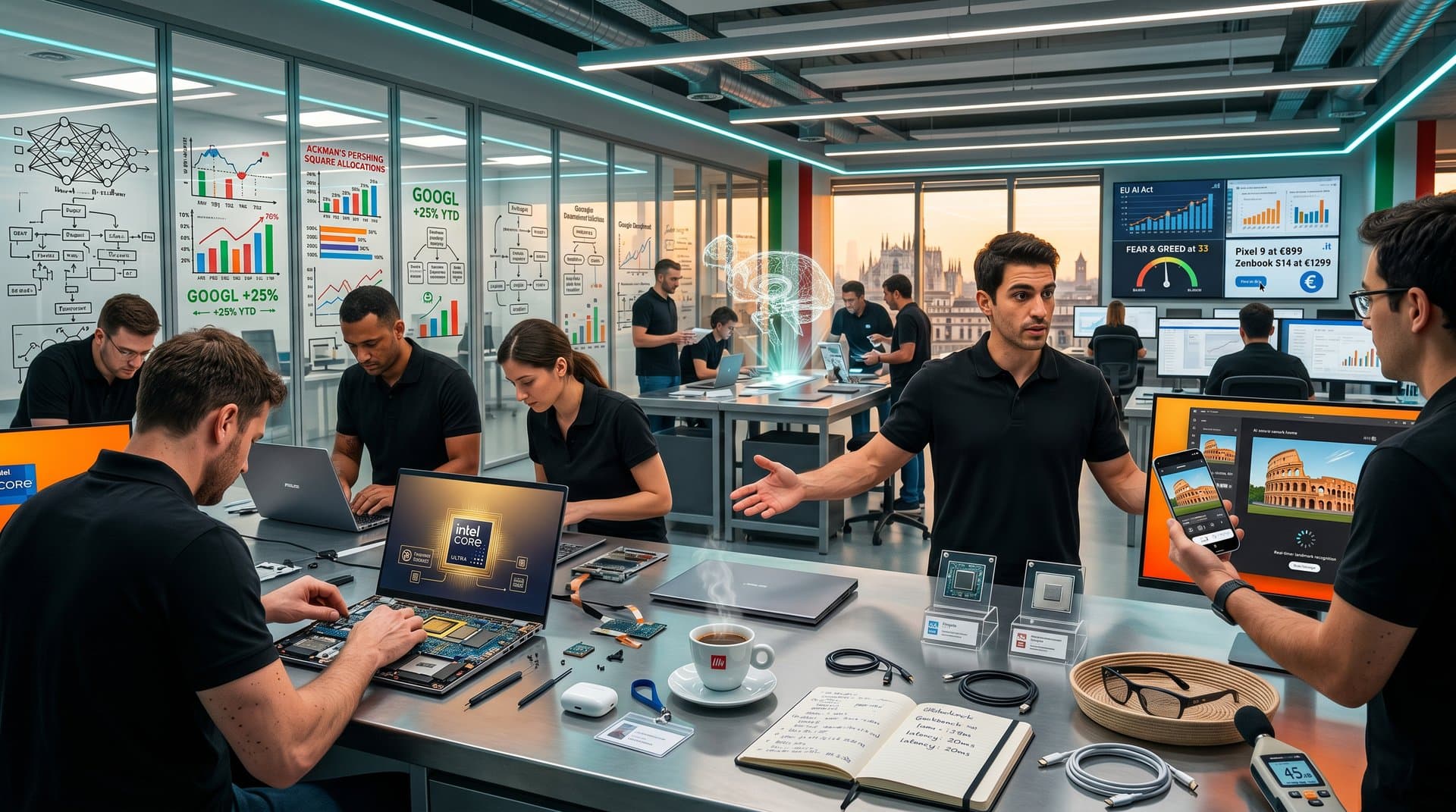 Laboratorio high-tech con laptop AI, Pixel phones, chip Tensor e diagrammi AI sotto luce naturale