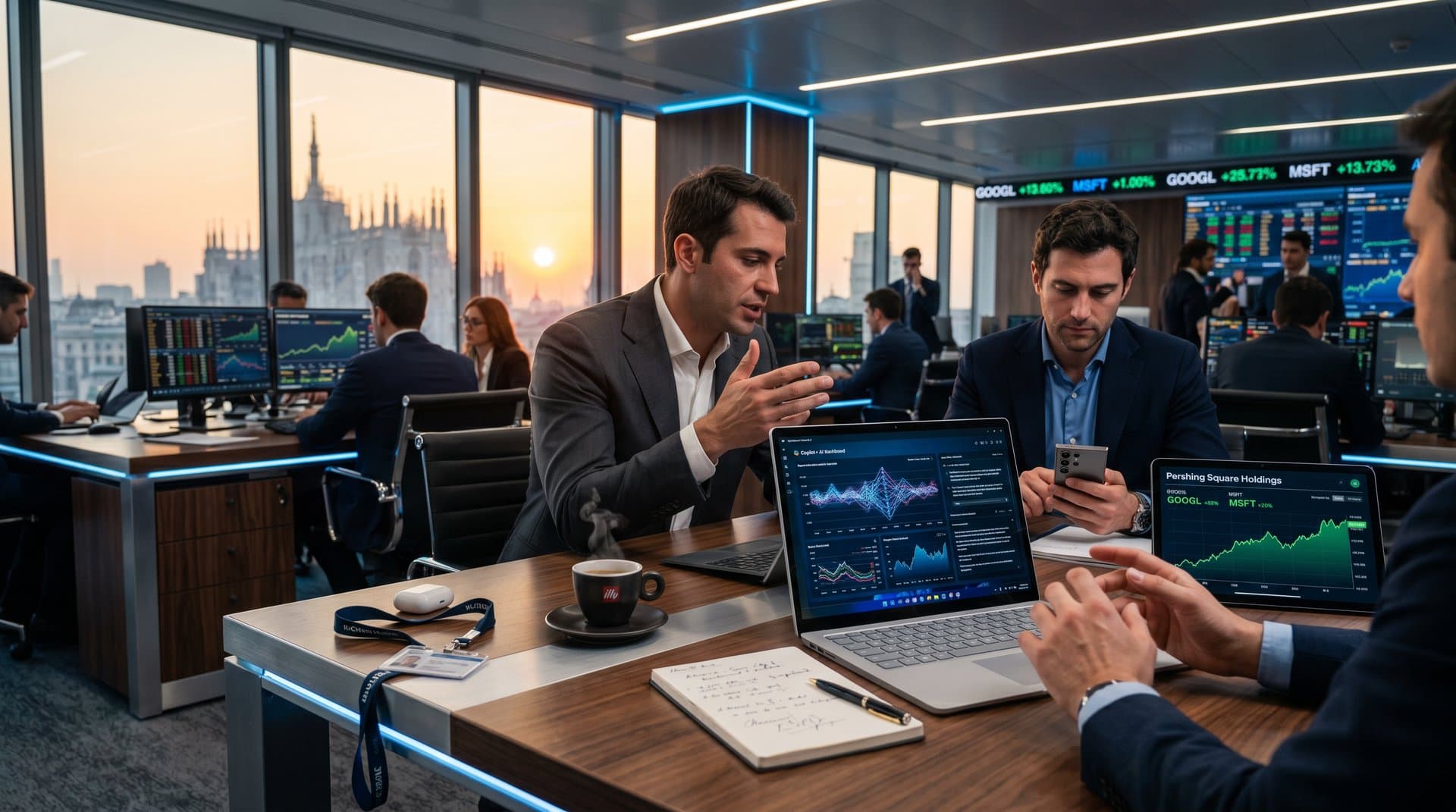 Laptop Copilot+ e smartphone Galaxy S24 AI su scrivania milanese con grafici Pershing Square e interfacce Gemini