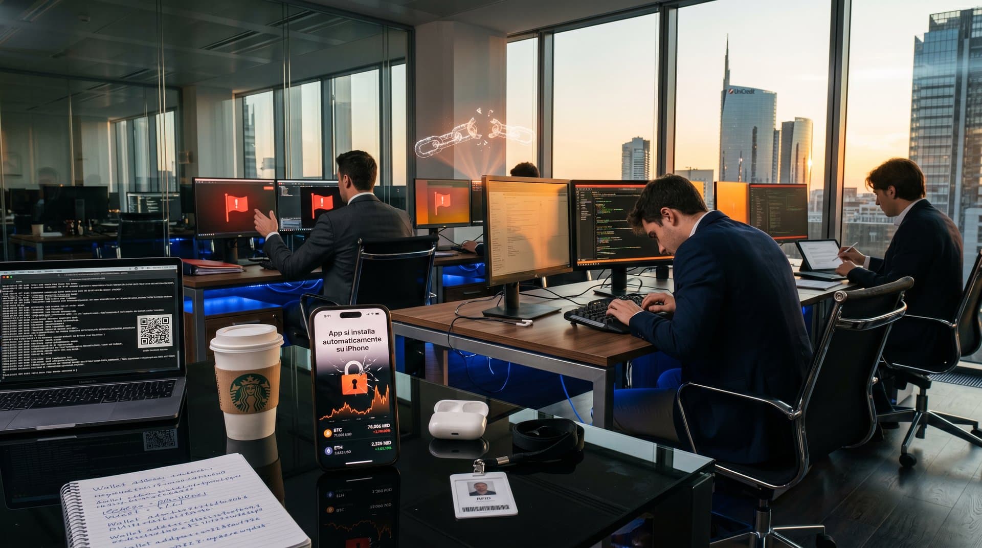 iPhone con alert app sospetta e grafici crypto in ufficio fintech milanese