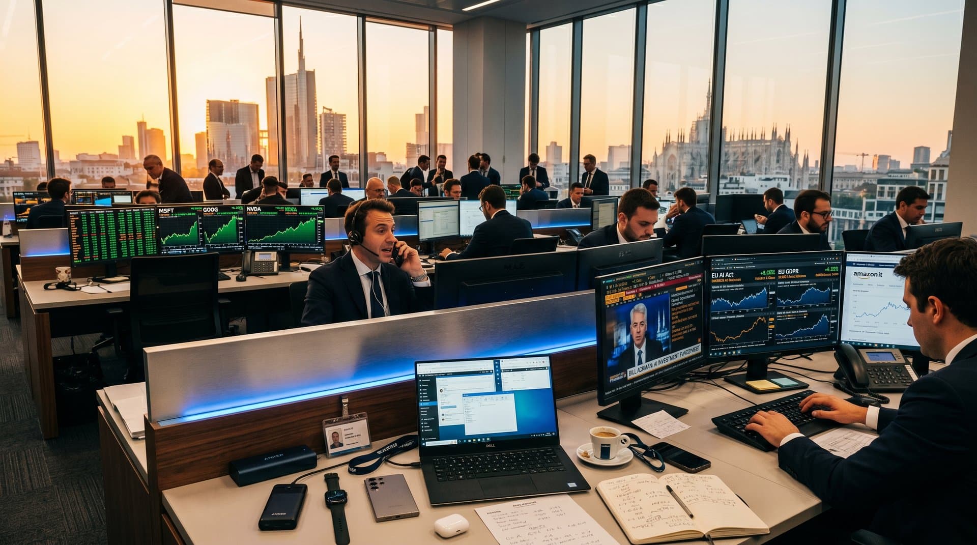 Sala trading con grafici investimento AI Bill Ackman, focus su azioni Pershing Square e gadget portatili edge AI