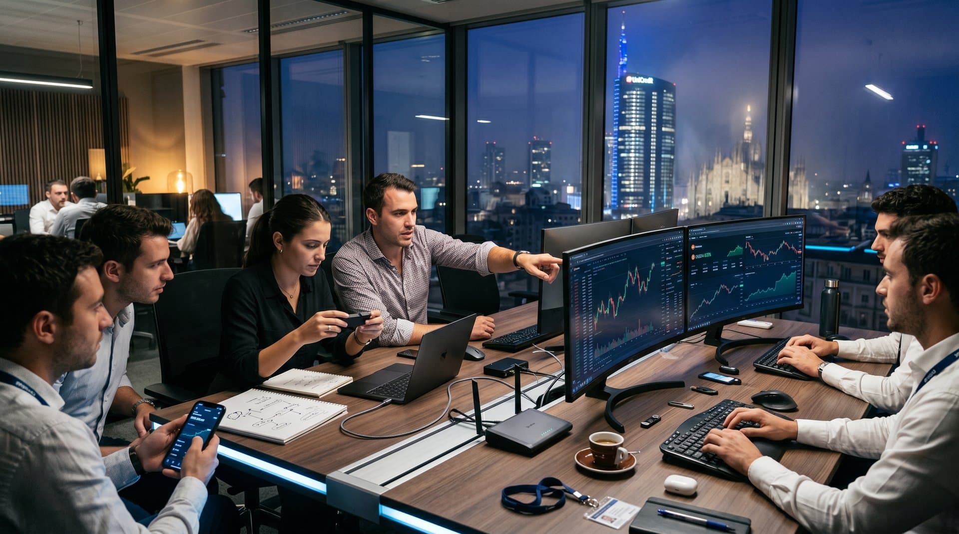 Grafici Monero XMR su monitor con wallet hardware Ledger Nano X, Trezor e gadget privacy su desk tech milanese