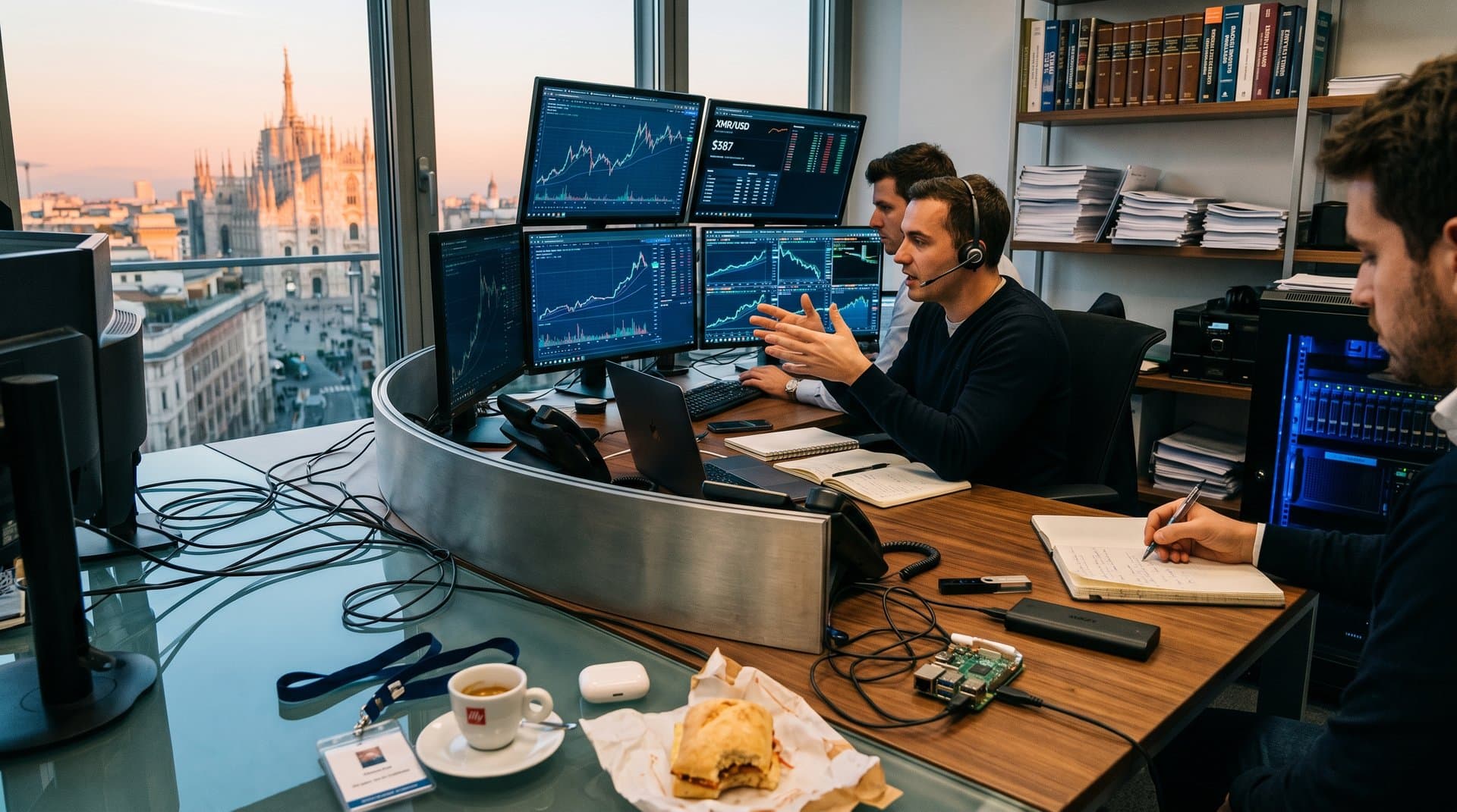 Grafici Monero XMR 387 USD, Ledger Nano X e gadget mining su desk milanese tech finance