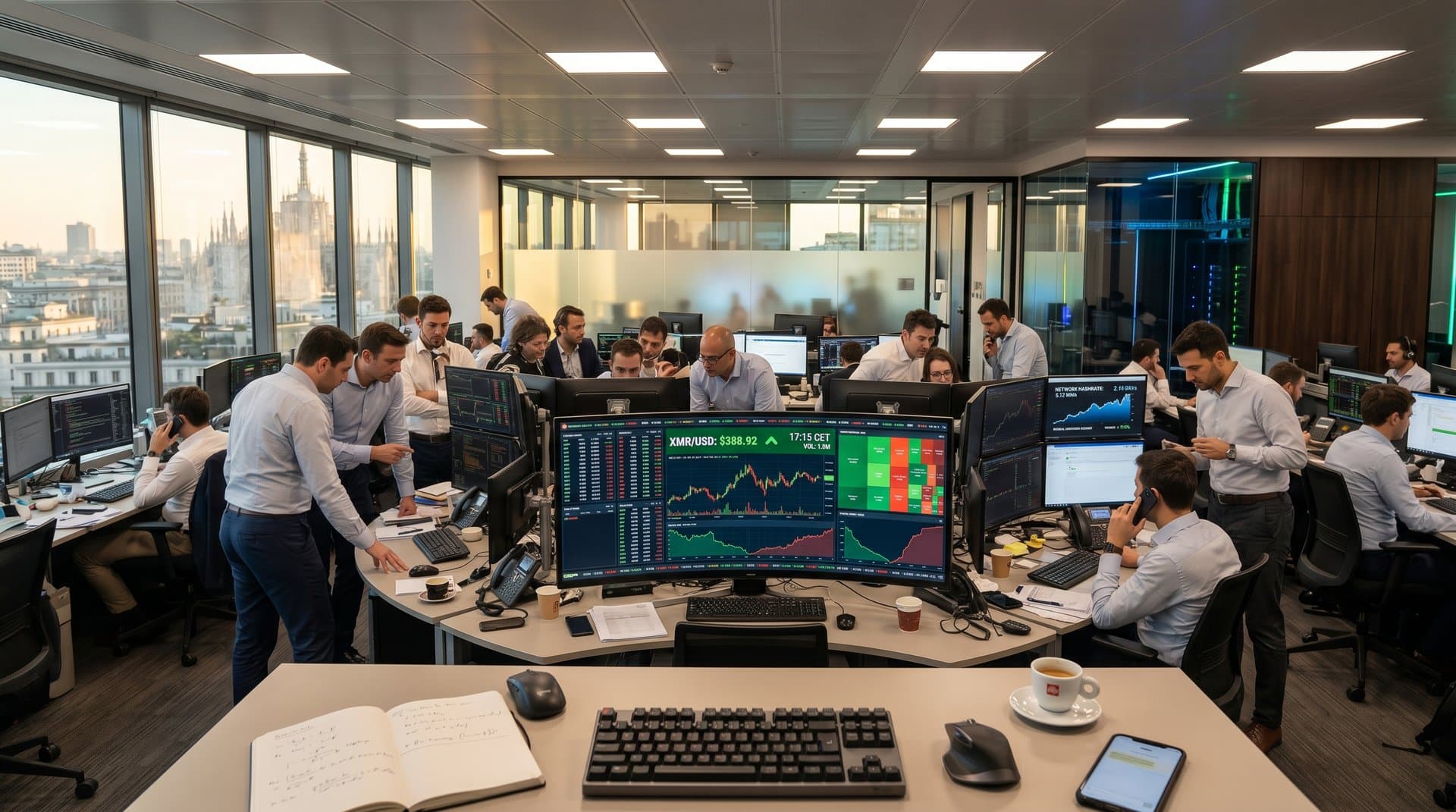 Grafici Monero su monitor trading con wallet hardware Ledger su desk high-tech