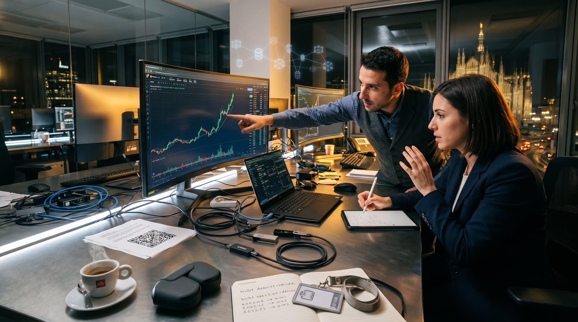 Portafogli hardware Ledger e Trezor con grafici Monero XMR in ascesa, skyline Milano, setup fintech italiano