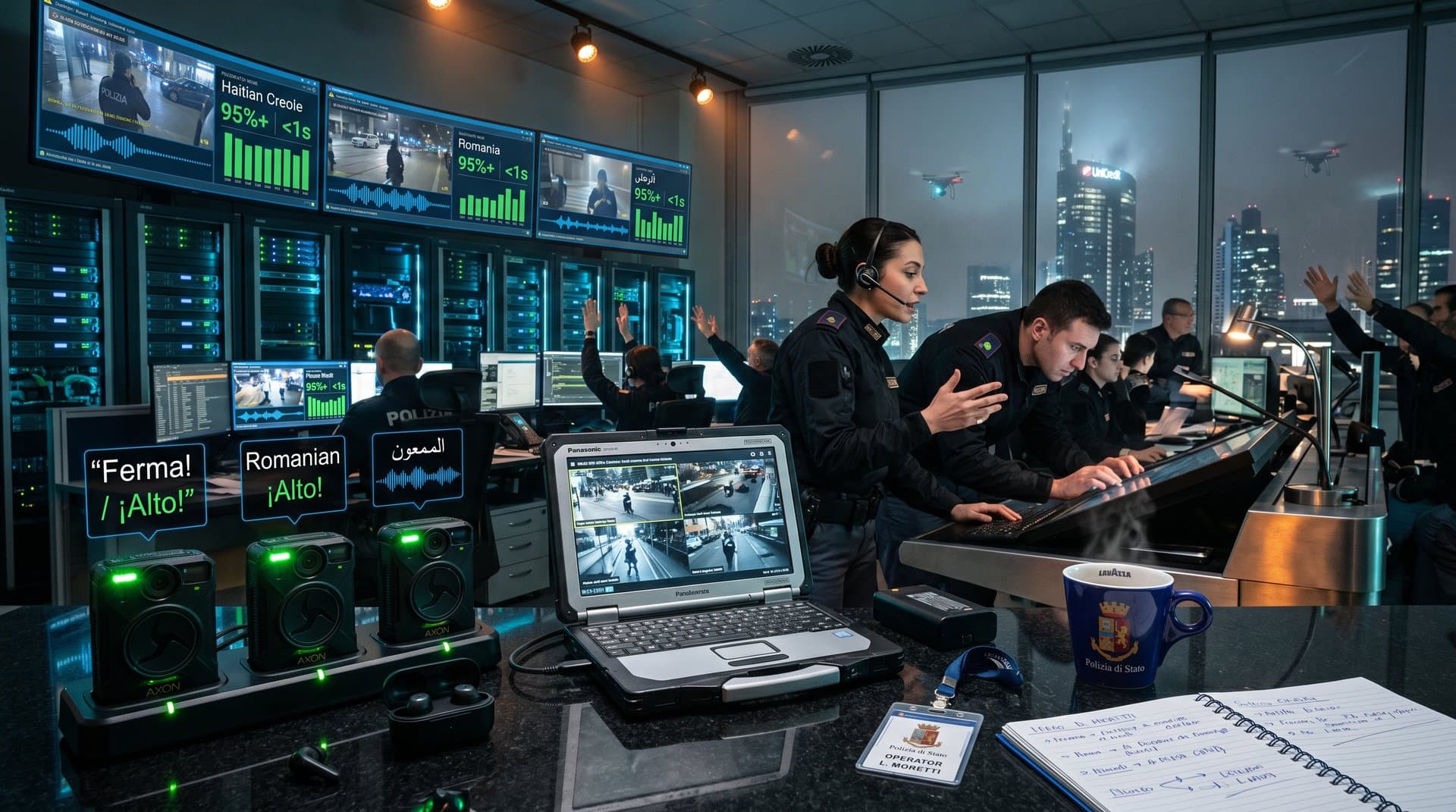 Centro operativo con body-cam AI traduzione: monitor live, setup professionali polizia