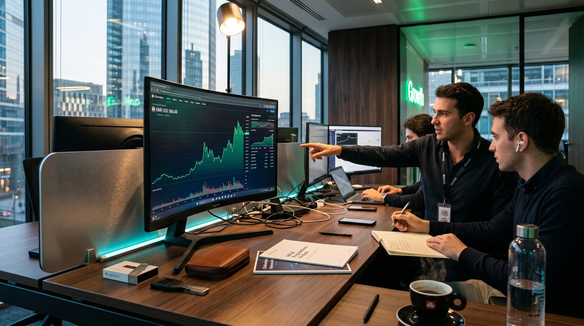 Grafici Monero XMR e hardware wallet Ledger Trezor su desk tech office milanese