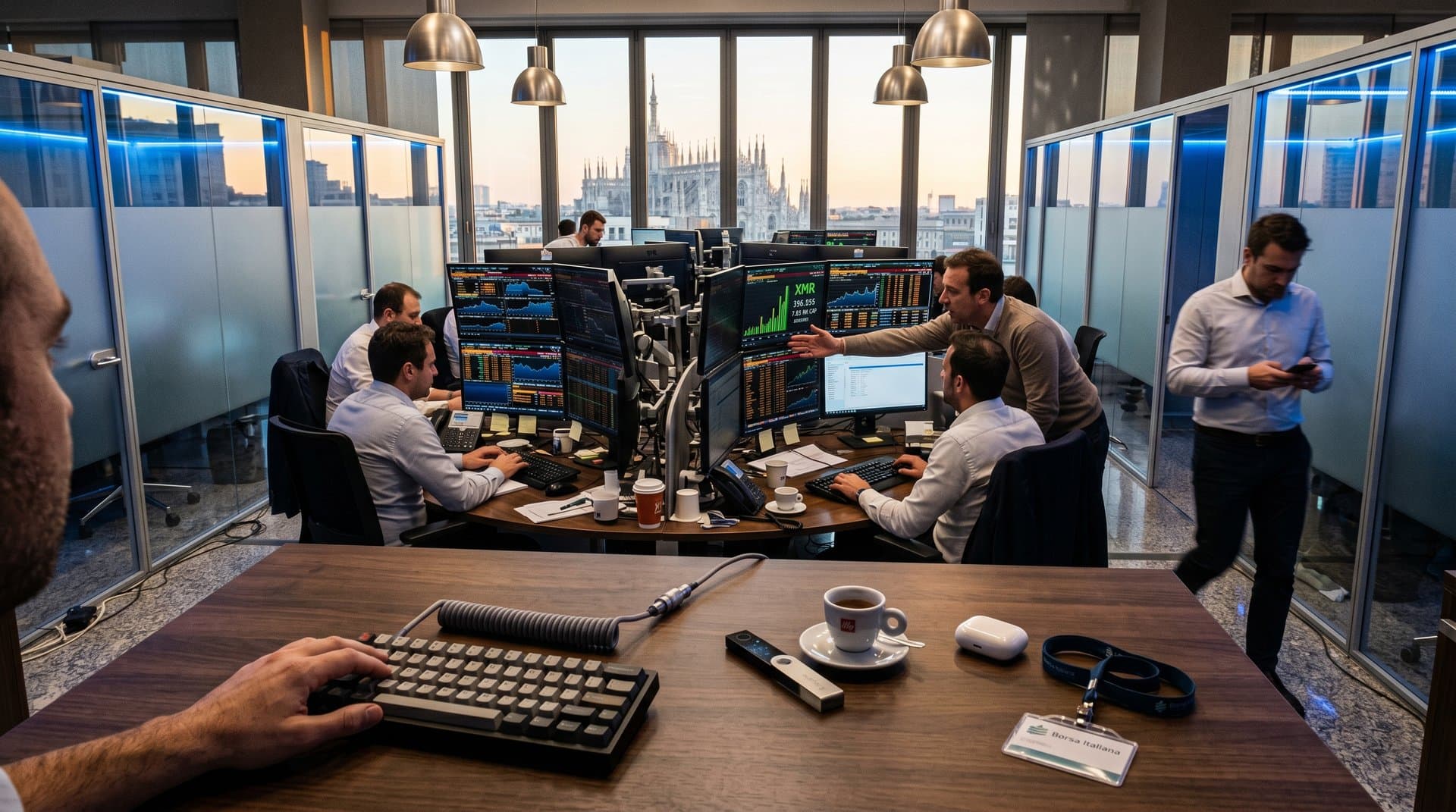 Terminali Bloomberg con grafici Monero XMR a 396 USD e Ledger Nano X su desk Borsa Italiana