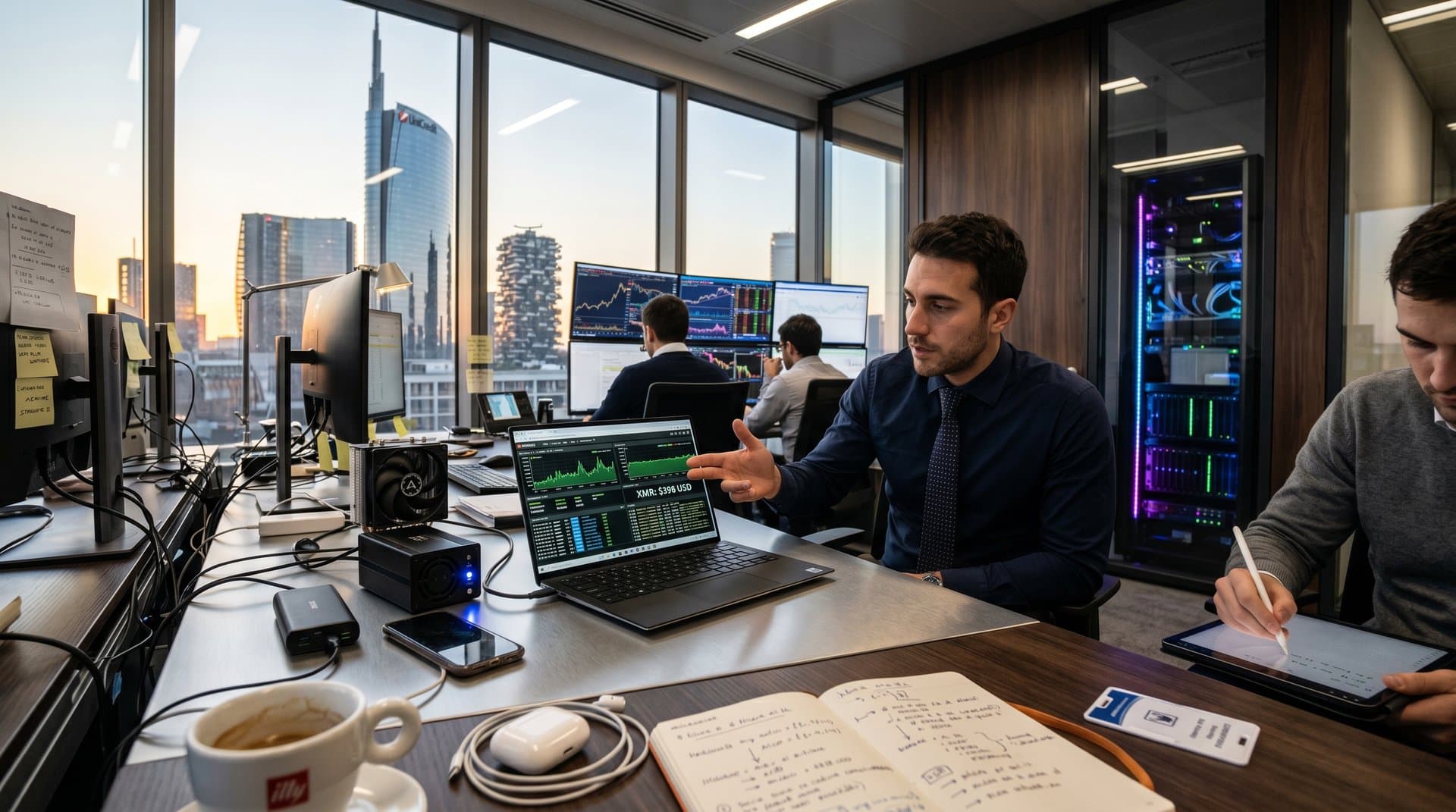 Laptop Dell XPS con dashboard mining Monero XMR a 398 USD, grafici e gadget su desk tech-finance italiano