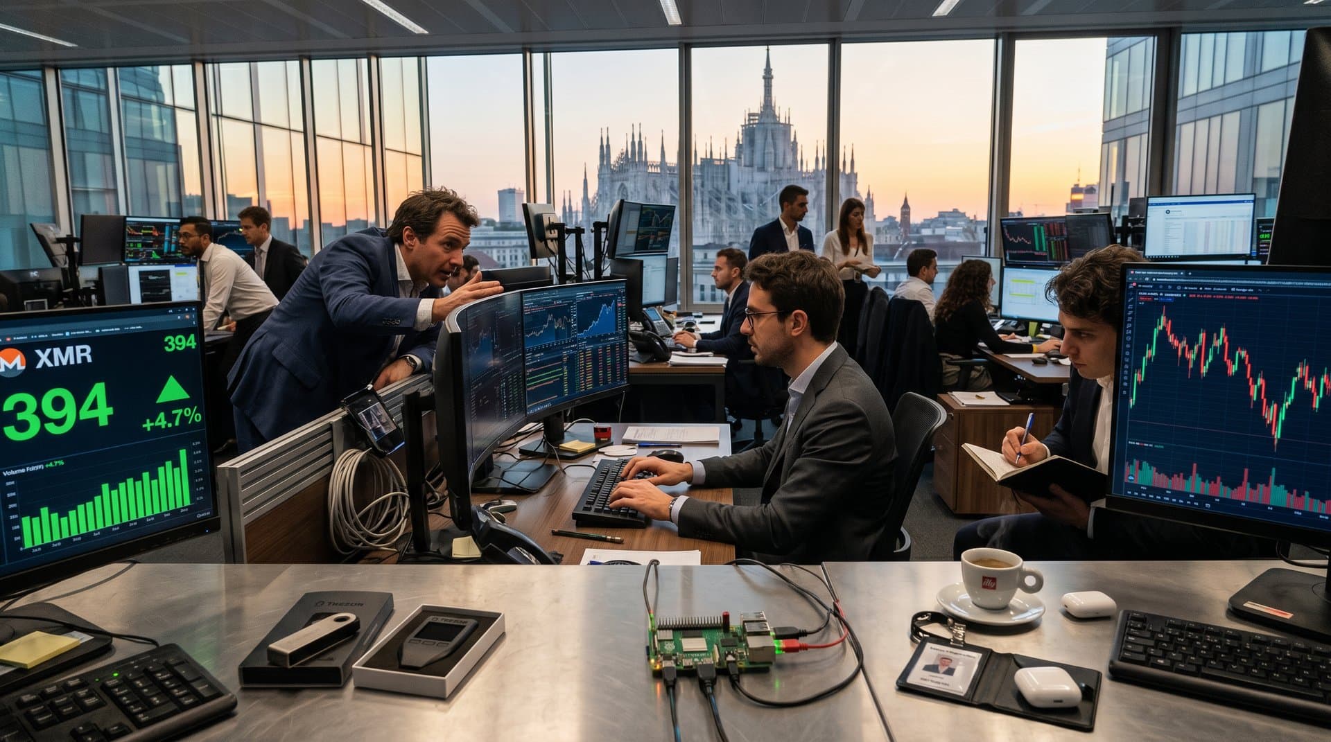 Grafici Monero XMR in rialzo su monitor trading floor italiano con gadget wallet e miner