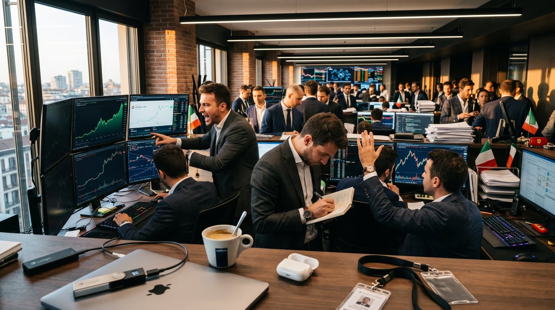 Desk trading con grafico Monero XMR a 396 USD, wallet Ledger Nano X e miner USB su laptop, caffè Lavazza e report MiCA