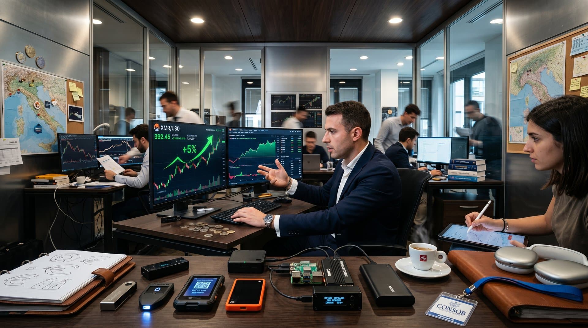 Chart Monero XMR in surge con hardware wallet e gadget mining su desk tech