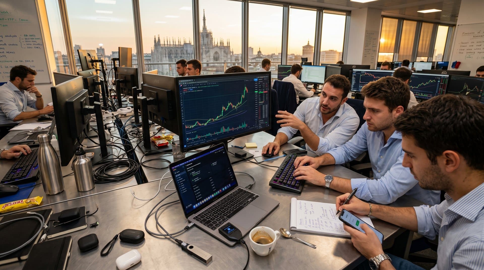 Trading desk milanese con grafico Monero XMR a 392 USD, portafogli Ledger e Trezor, setup fintech italiano privacy