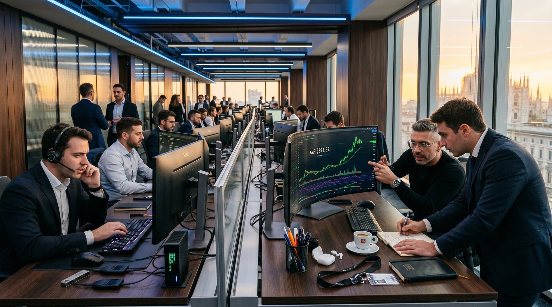 Grafico Monero XMR surge su schermi multipli, wallet privacy Trezor Ledger e mini-miner su desk milanese tech-finance con vista Duomo