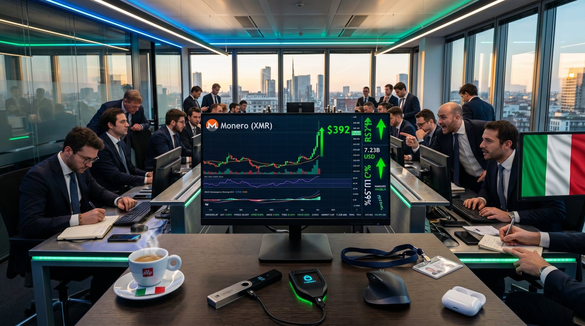 Grafico Monero XMR a 392$, Ledger Nano X e Trezor su desk tech finance italiano