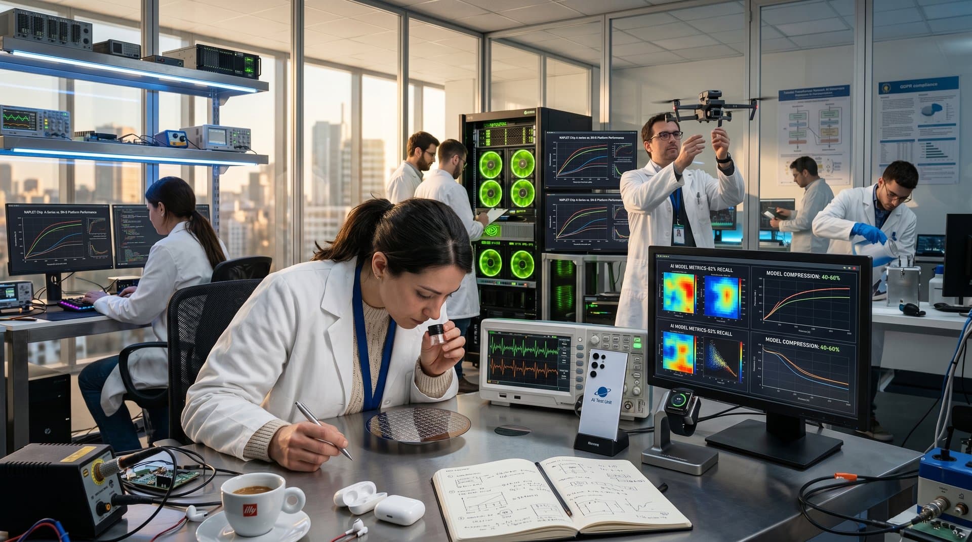 Laboratorio AI high-tech con chip neuromorfici, smartphone Galaxy, grafici decay biologico e droni