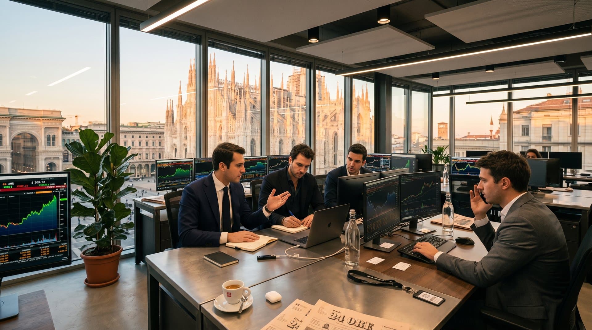 Grafici Monero XMR su terminale, Ledger Nano X su desk fintech con vista Milano