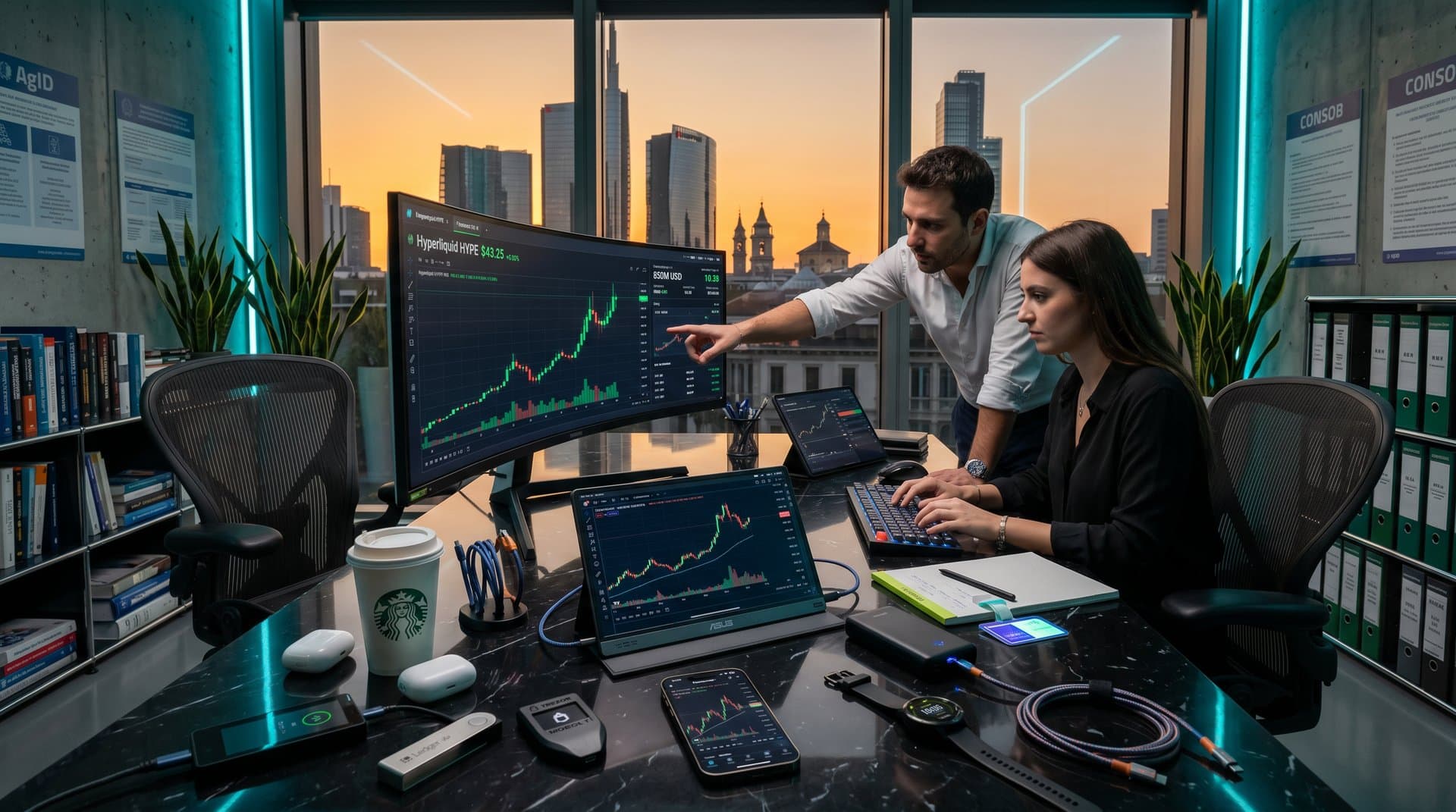 Grafici Hyperliquid HYPE in rialzo su terminale fintech con gadget portatili Ledger, tablet Samsung e monitor ASUS in ufficio milanese high-tech