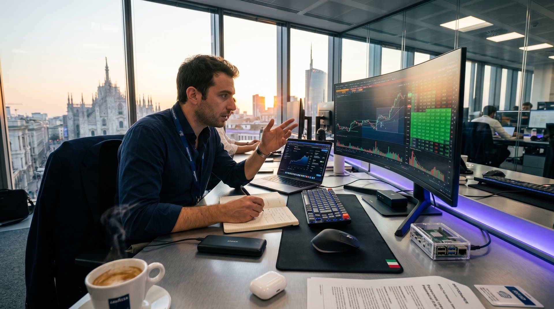 Gadget fintech: monitor con HYPE a 43 USD, Ledger Nano X, power bank Anker su desk high-tech italiano