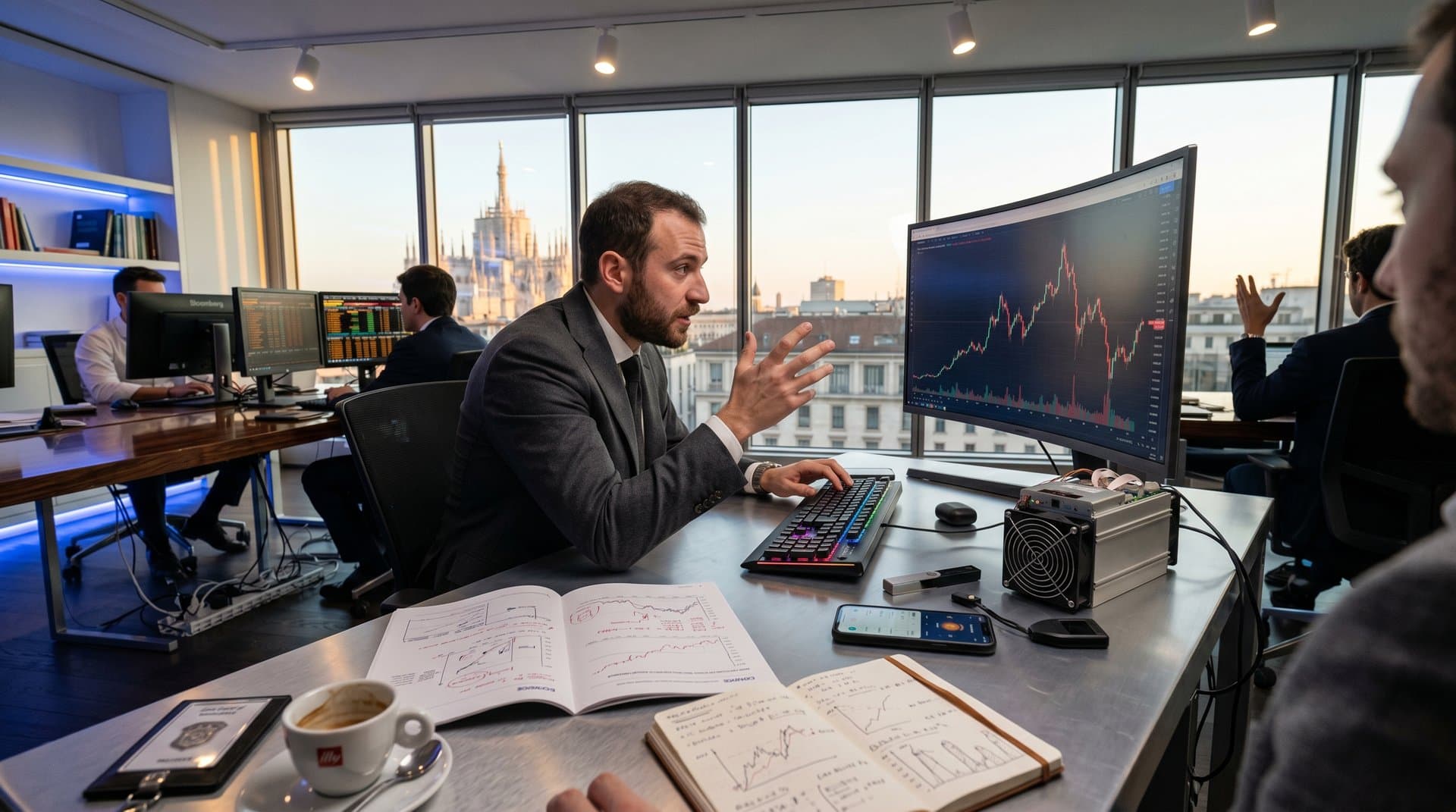 Rig mining portatile e hardware wallet su desk milanese con grafici Zcash in calo