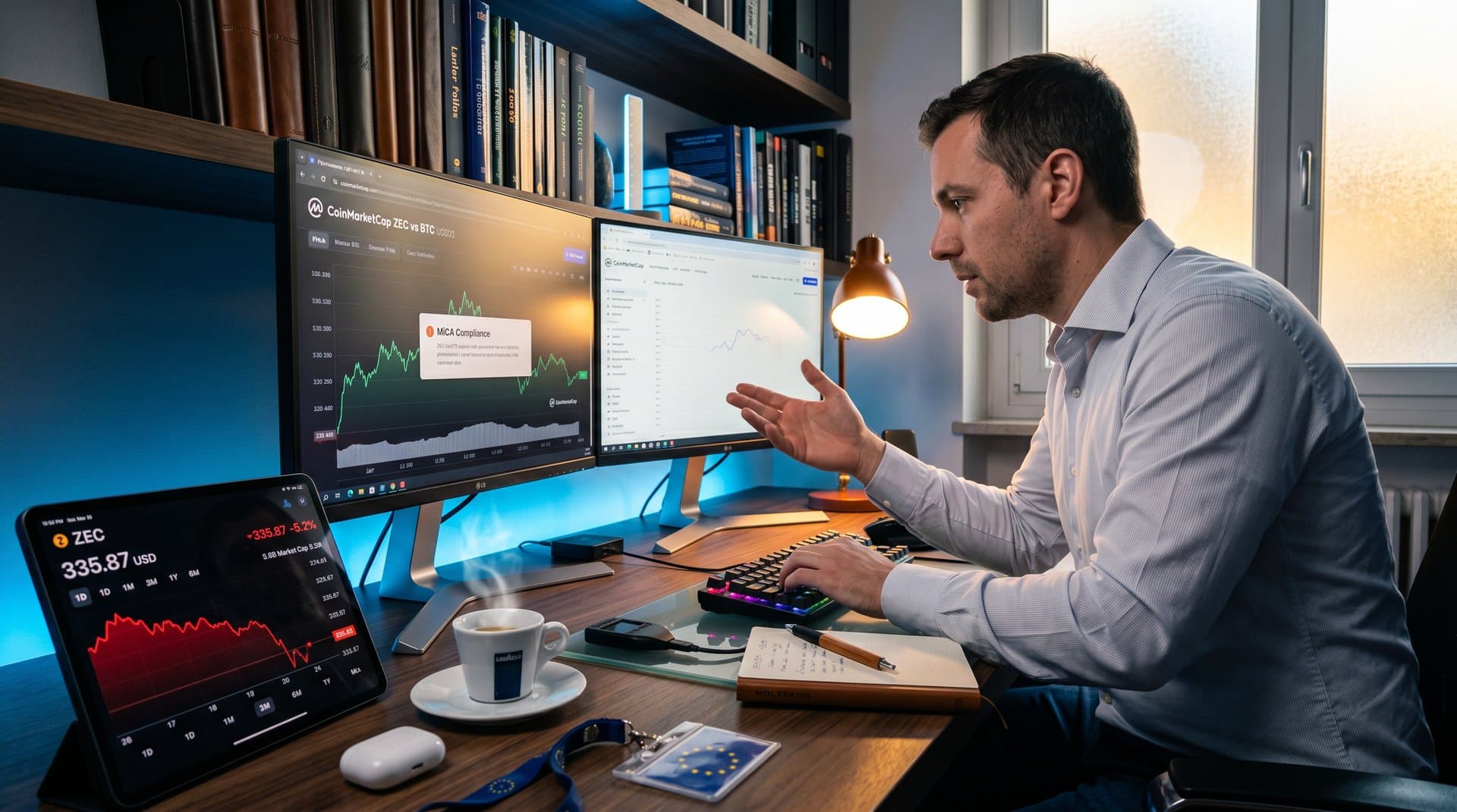 Grafico Zcash calo 5,2% su smartphone wallet mobile, desk hardware e dati MiCA