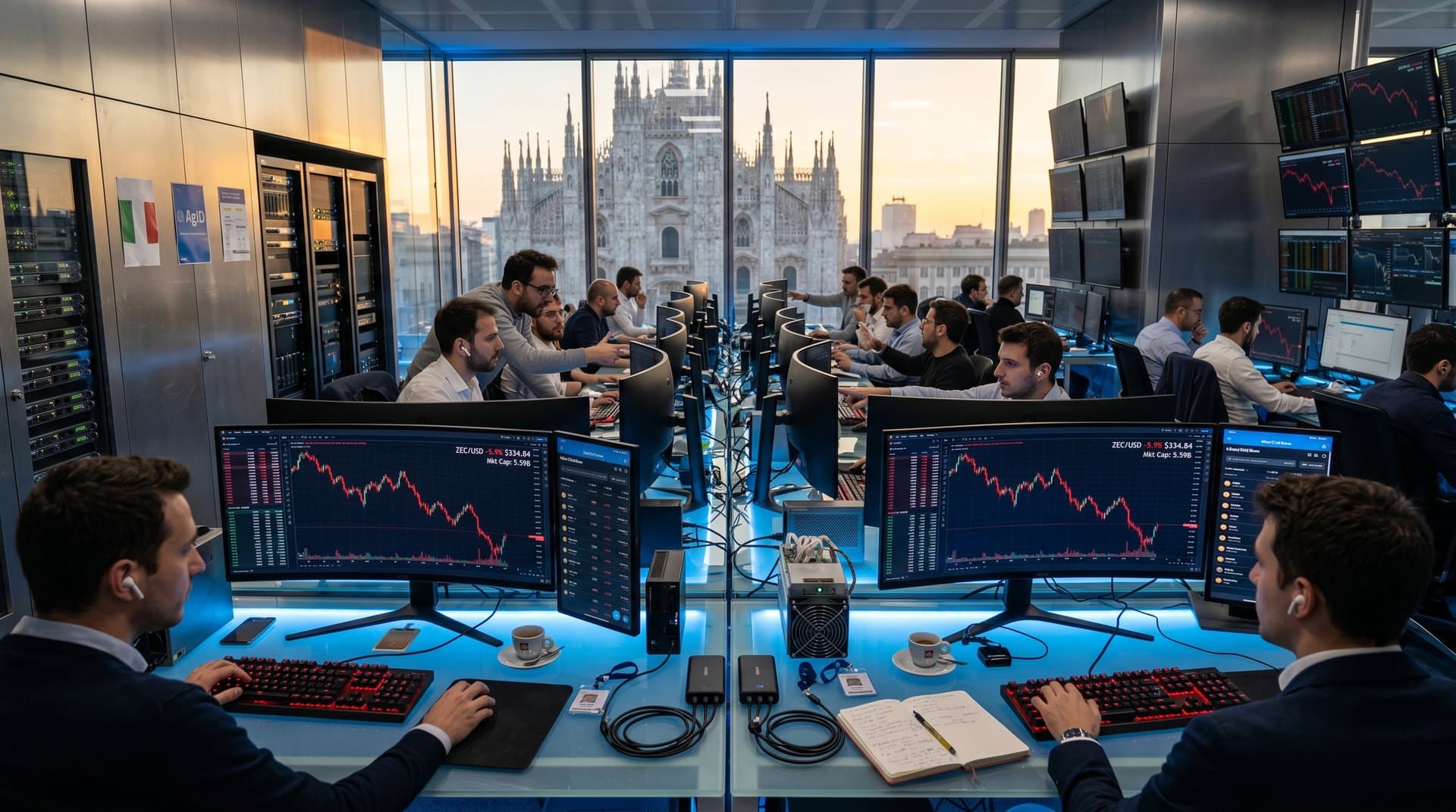 Ufficio trading con grafici Zcash in calo e gadget mining portatili su desk tech a Milano