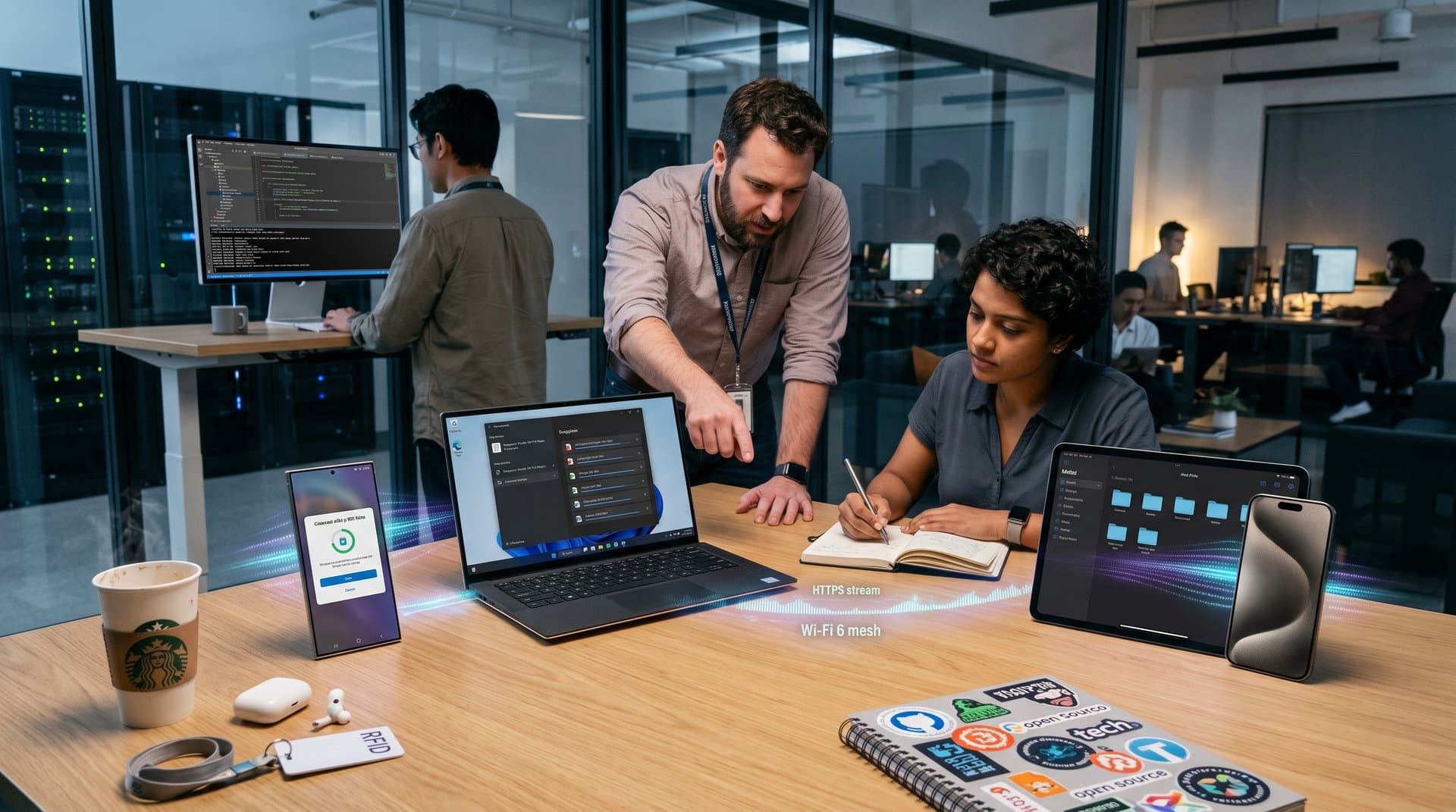 Dispositivi tech condividono file wireless con LocalSend su tavolo moderno