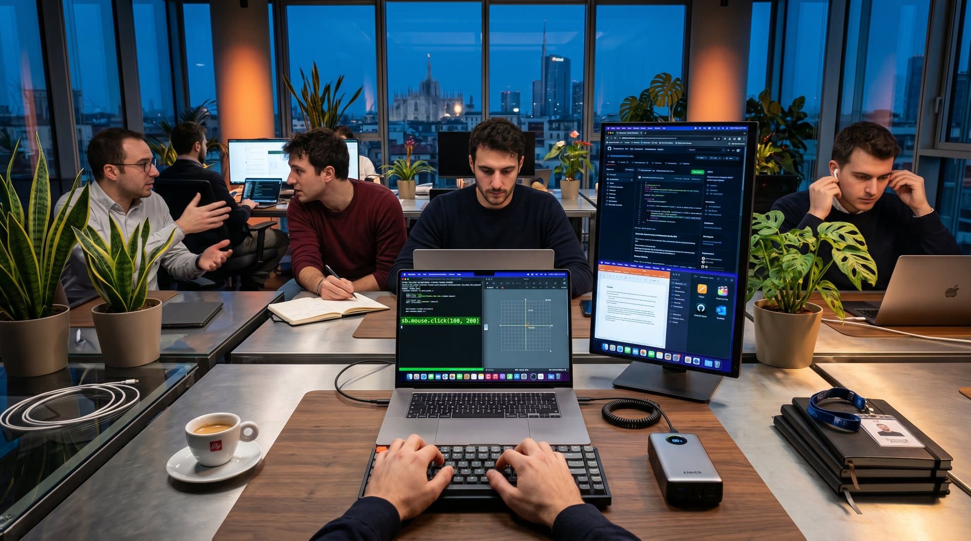 MacBook Pro con script cua, power bank e schermi multipli in hub tech milanese per controllo app background