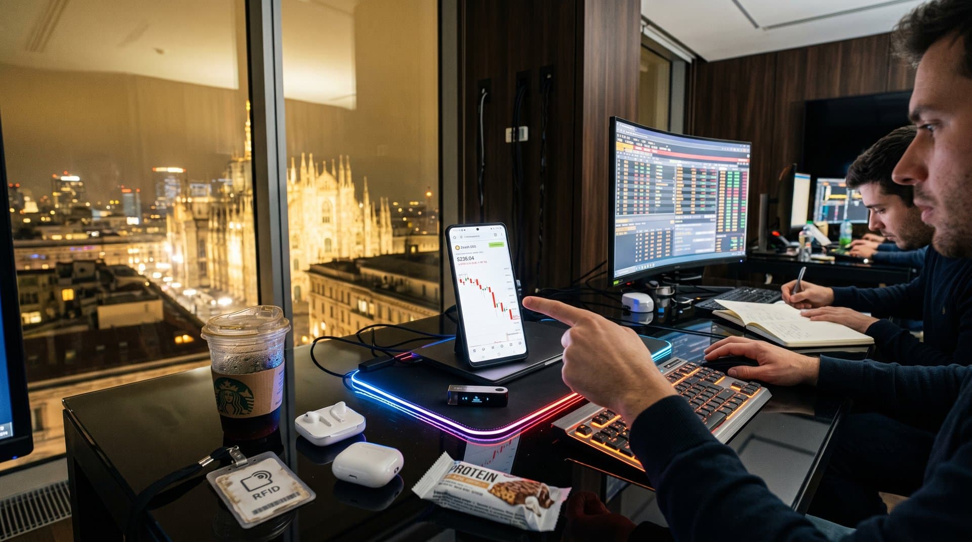 Ledger Nano X con grafico Zcash calo su smartphone, skyline Milano high-tech