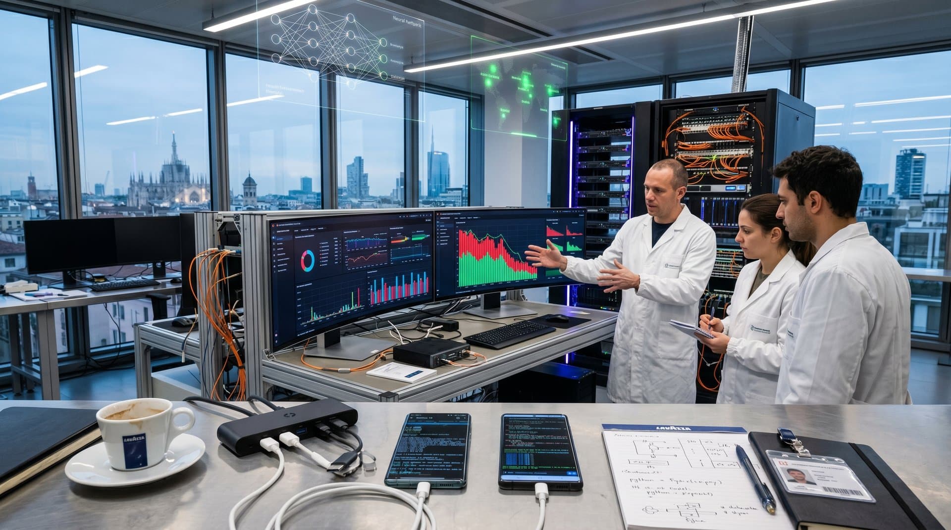 Laboratorio AI multi-cloud con diagrammi OpenAI, smartphone benchmark e server UE GDPR-compliant