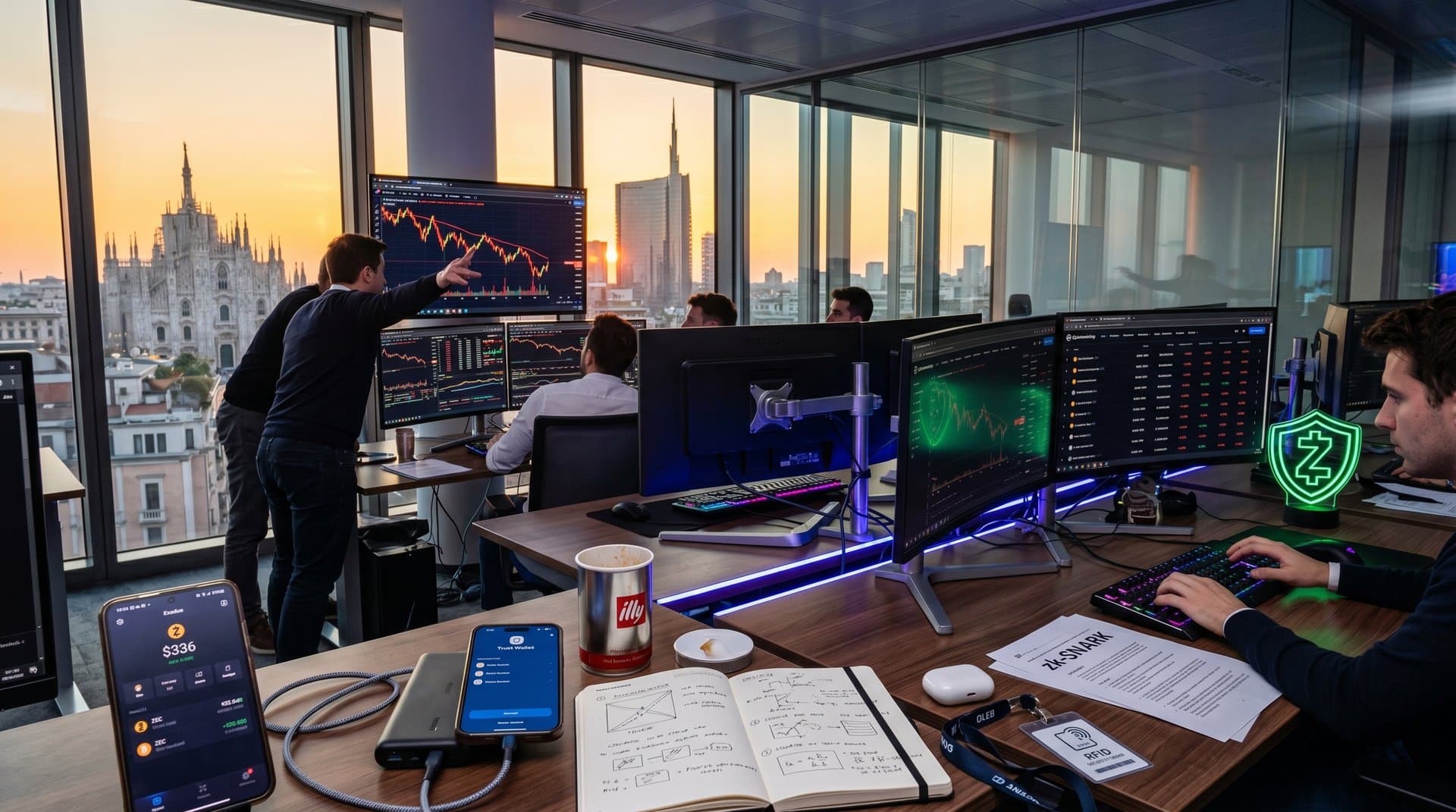 Grafici Zcash calo su schermi trading office Milano con app wallet mobile privacy e power bank