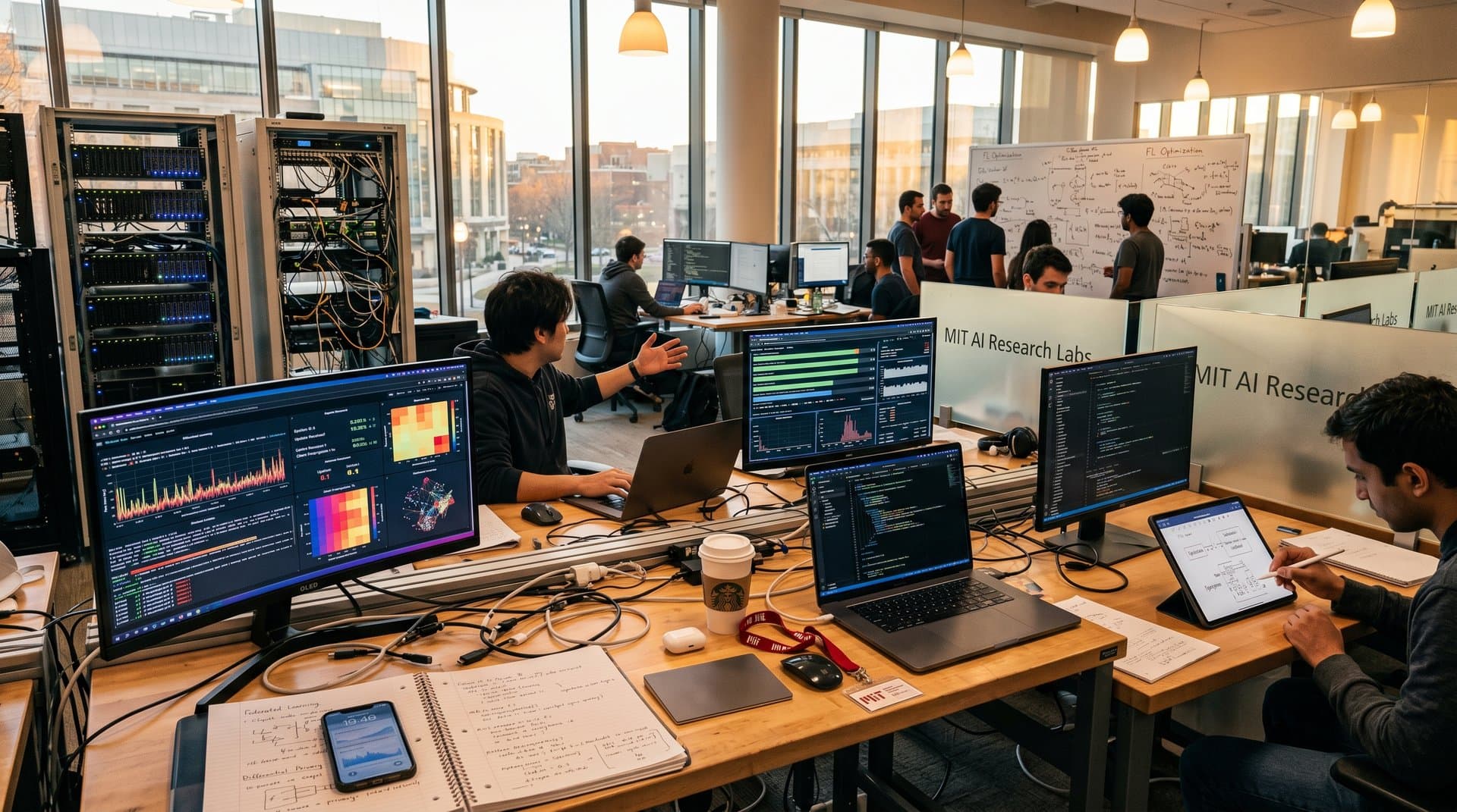 Laboratorio MIT con laptop e grafici apprendimento federato AI privacy-preserving, desk moderni monitor curvi