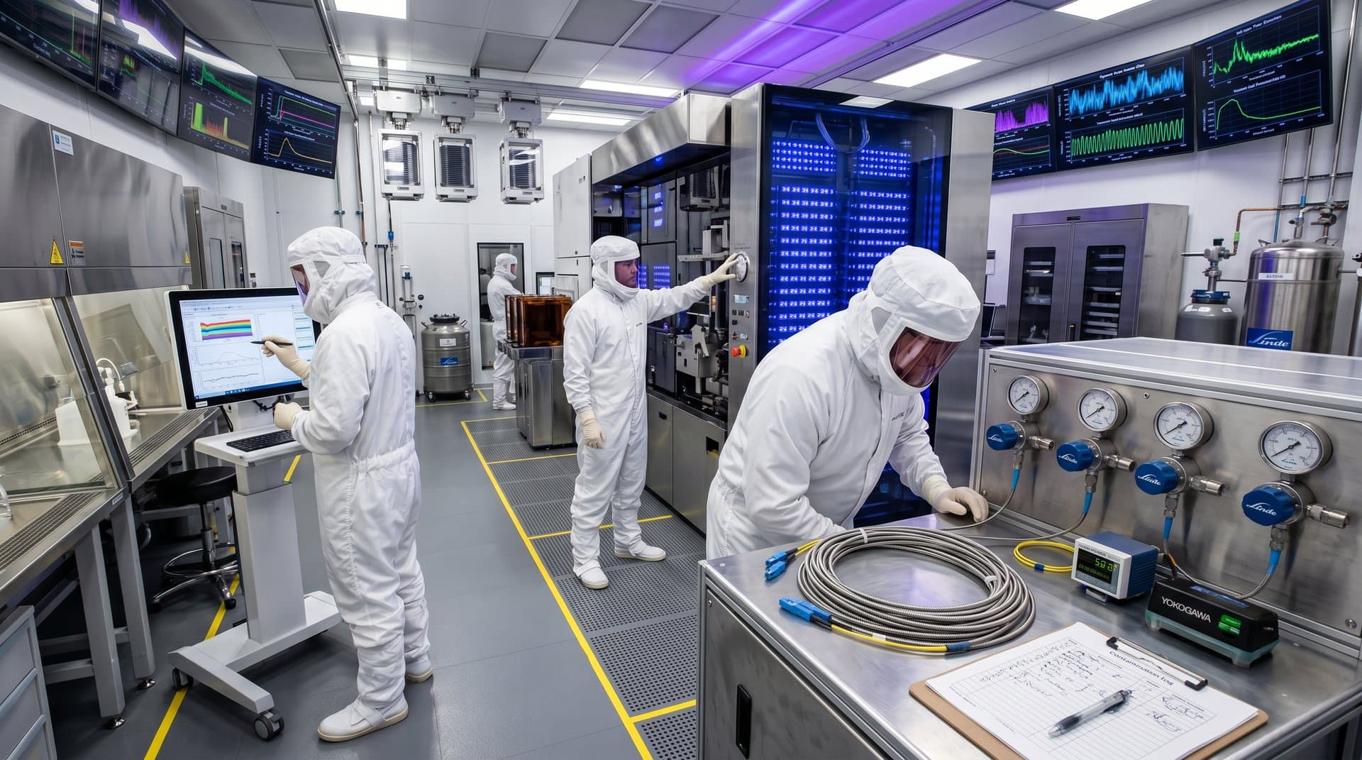 Tecnici cleanroom monitorano litografiche EUV con flussi elio e schermi wafer