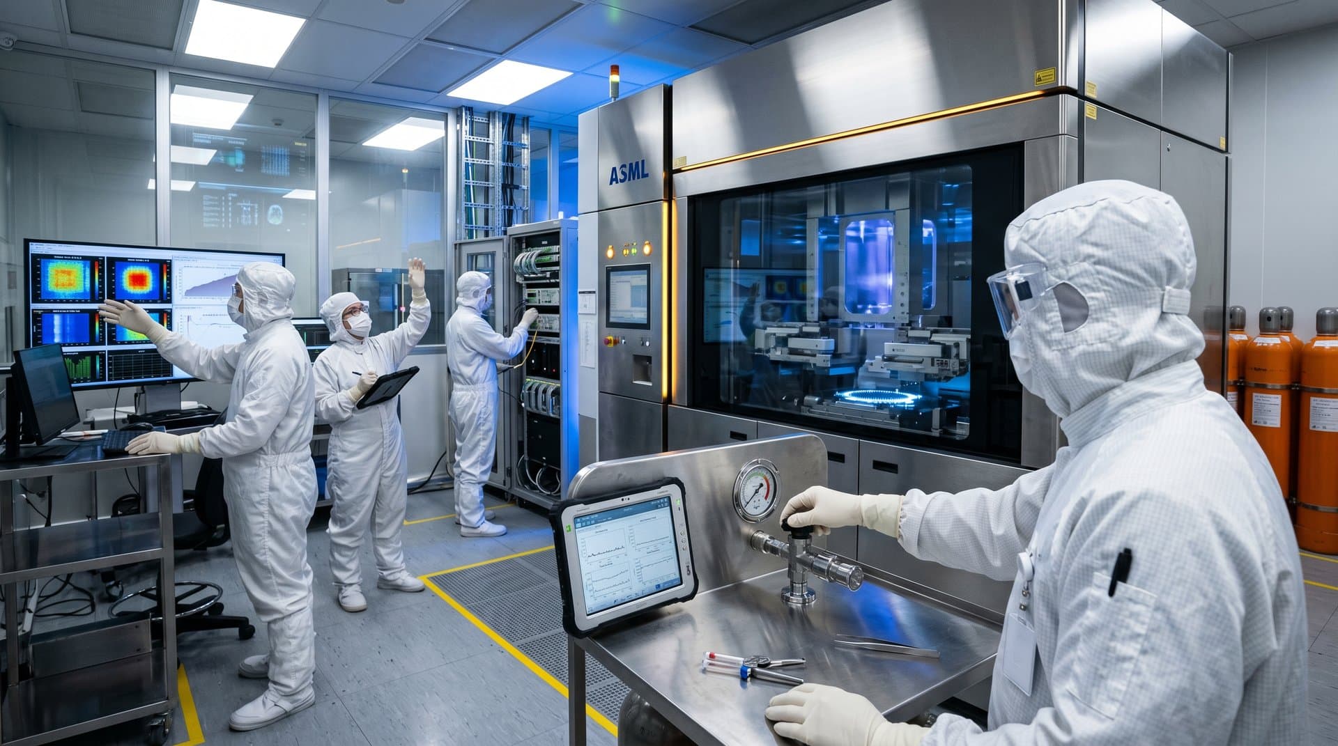 Ingegneri in tuta bianca controllano macchina EUV ASML in cleanroom TSMC con serbatoi helium e schermi ad alta risoluzione