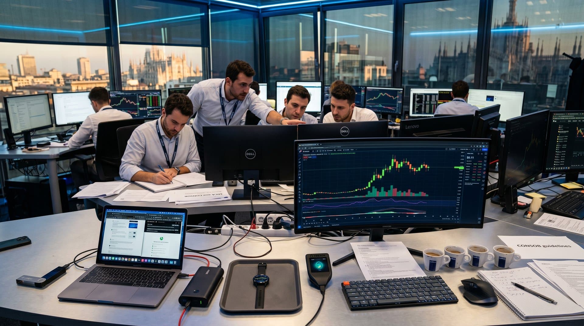 Desk trading con grafici Dogecoin 0.11$, wallet Ledger Nano X e power bank in ufficio milanese high-tech