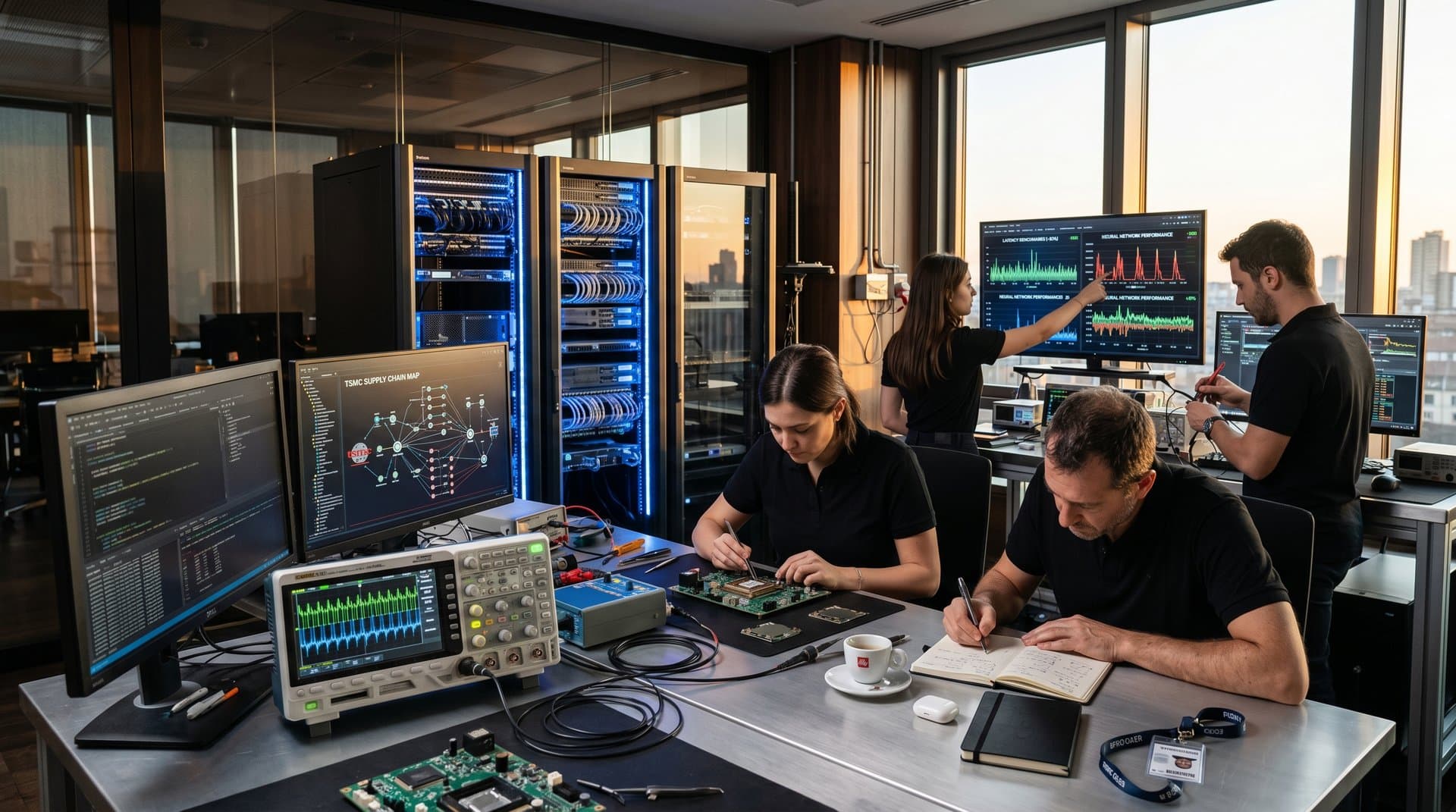 Ingegneri testano chip AI edge in lab italiano con monitor performance e tool precision