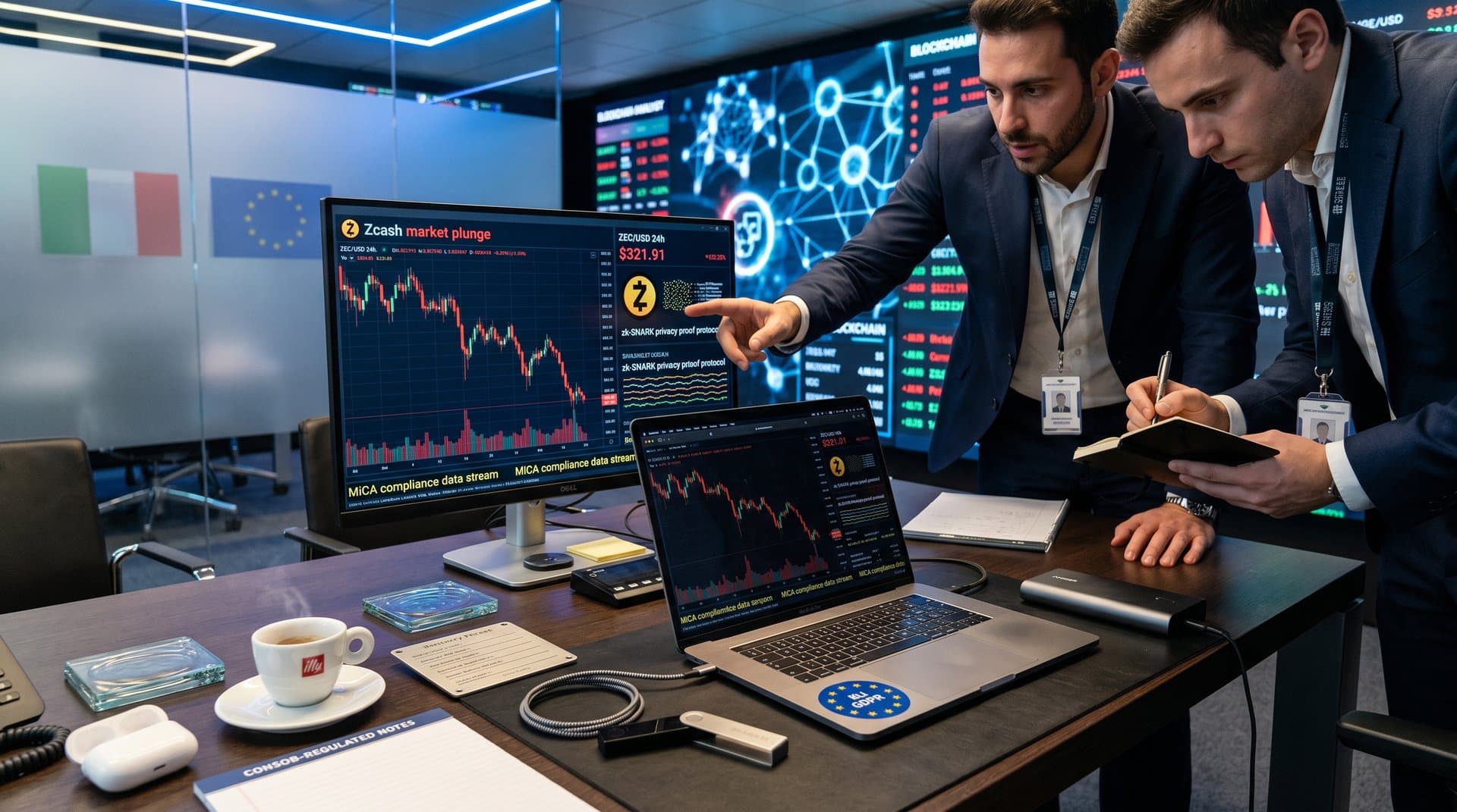 Portafoglio hardware Ledger con grafico Zcash calo e privacy zk-SNARK su setup tech-finance italiano
