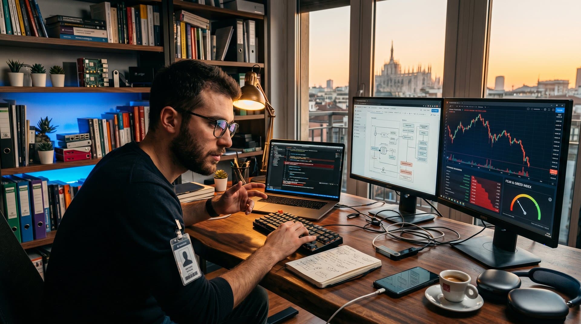 Freelance italiano testa hardware wallet Ledger in home office con alert LinkedIn falso e grafico Fear & Greed